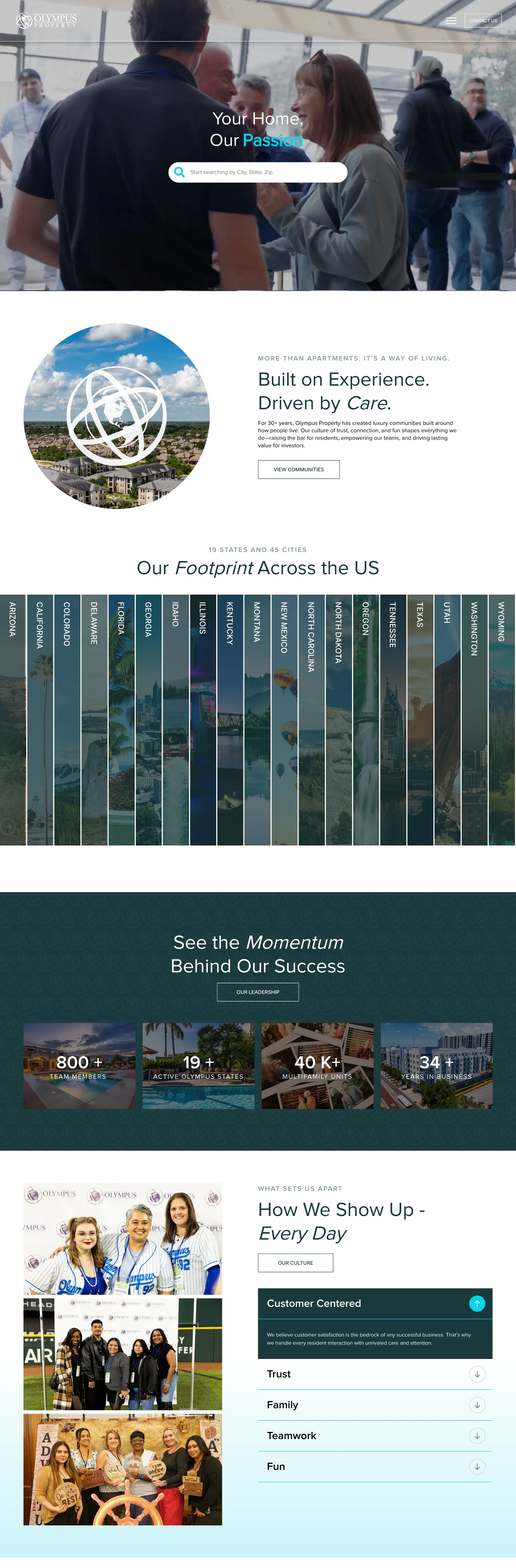 Olympus Property's homepage with the tagline "Your Home, Our Passion," a city-search bar, a "19 states and 45 cities" footprint map of the US, and stat tiles reading 800+ team members and 40K+ multifamily units.