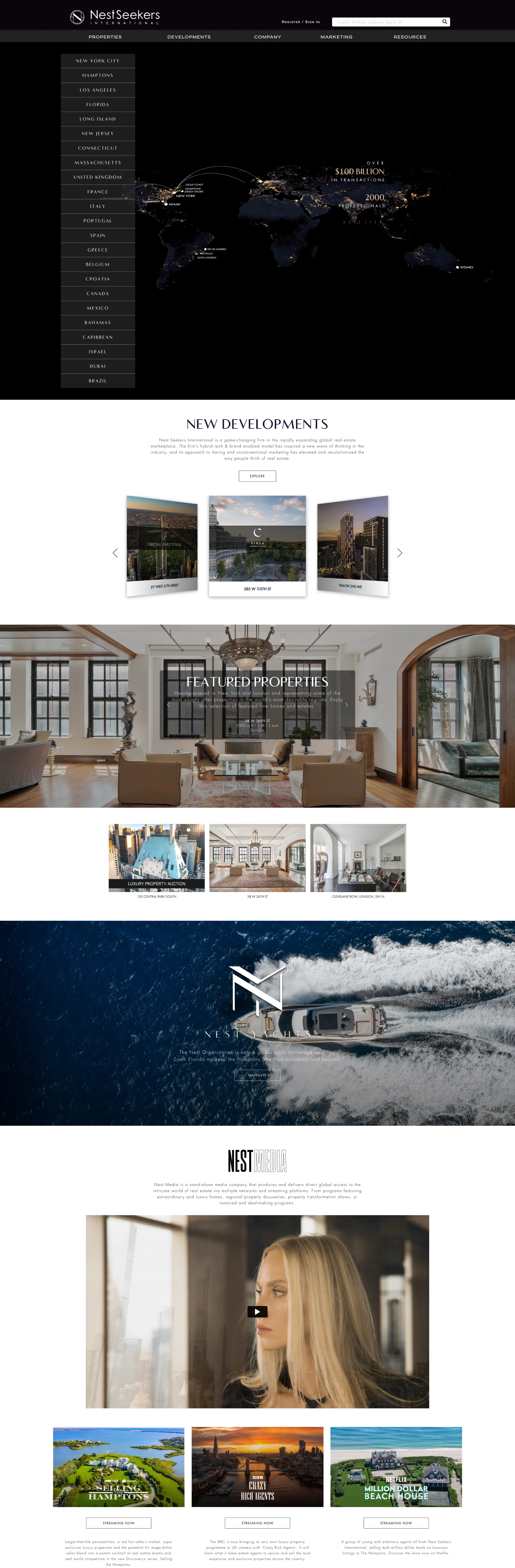 Nest Seekers International's dark-themed homepage with a world map showing global transaction volume, a "New Developments" carousel, featured luxury property photos, and a "Nest Media" section promoting its Netflix and streaming real estate shows.