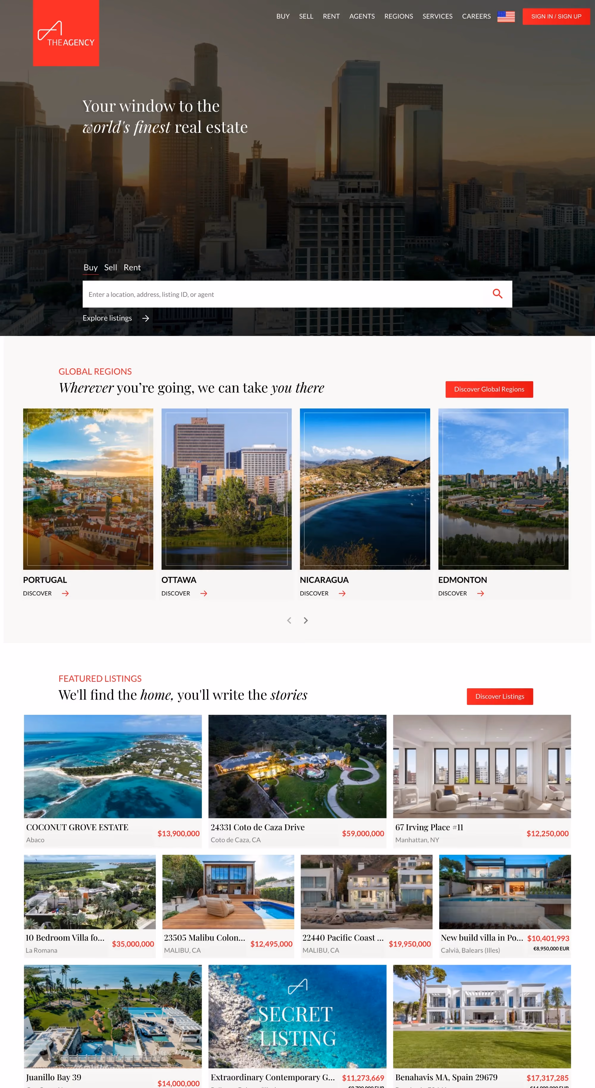The Agency's homepage with the headline "Your window to the world's finest real estate" over a city skyline, a global regions photo grid, and a featured listings section with properties ranging from $10M to $59M.