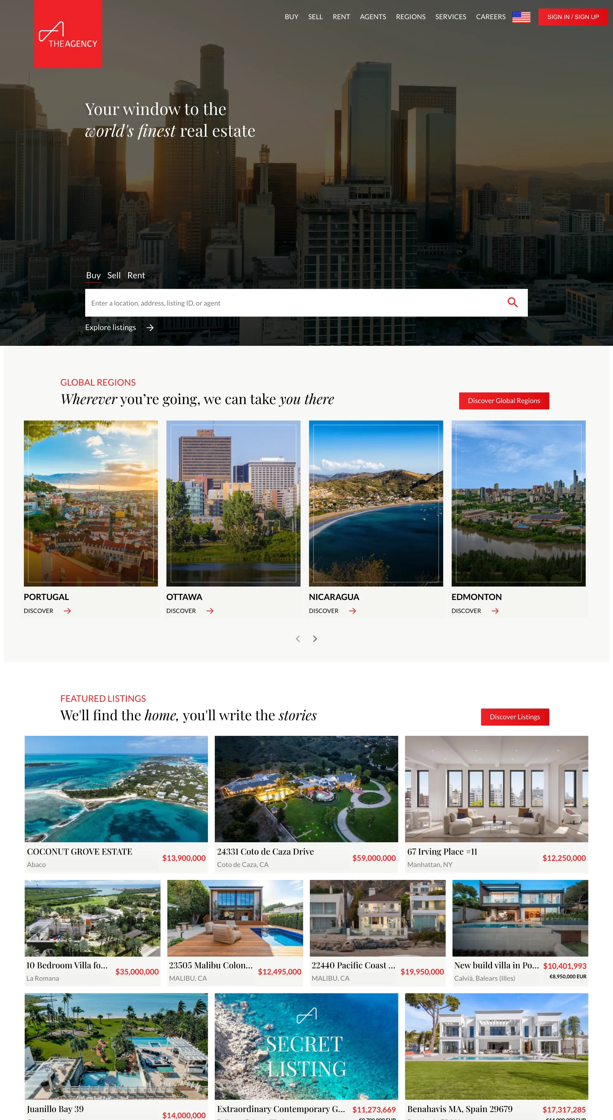 The Agency's homepage with the headline "Your window to the world's finest real estate" over a city skyline, a global regions photo grid, and a featured listings section with properties ranging from $10M to $59M.