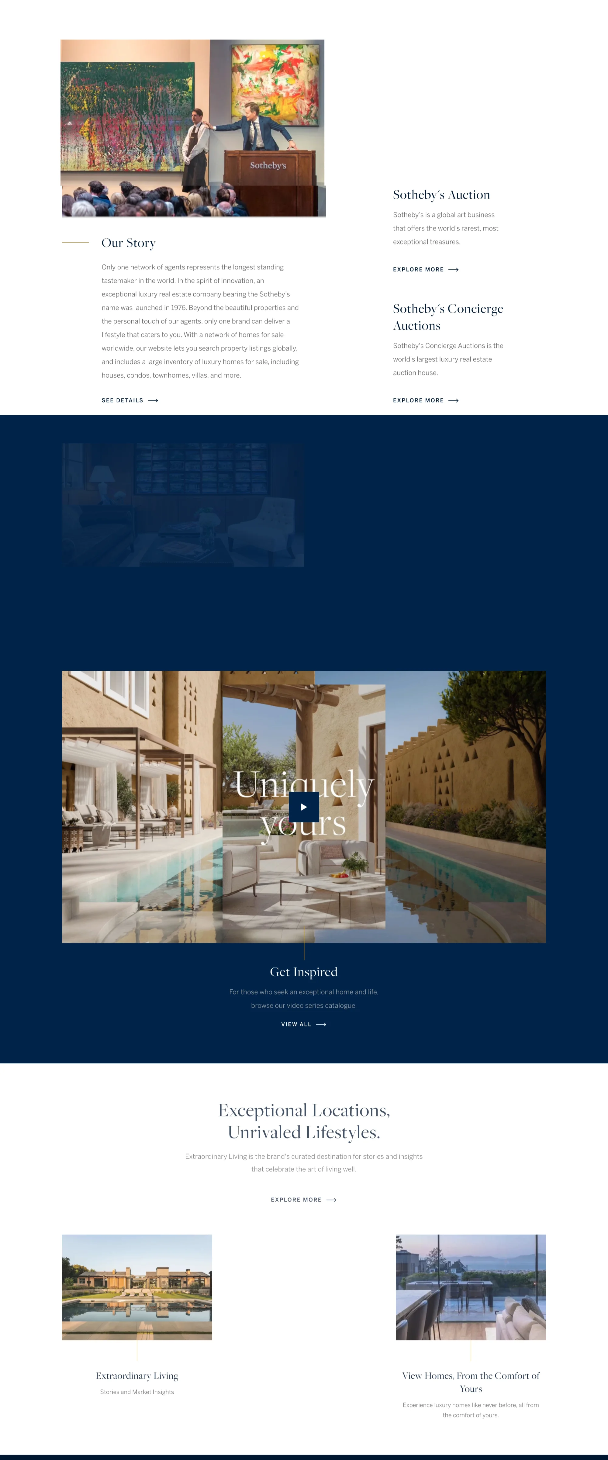 Sotheby's International Realty's brand story section describing its 1976 founding, alongside Sotheby's Auction and Concierge Auctions promo blocks, and a "Uniquely Yours" video banner over a courtyard pool image.