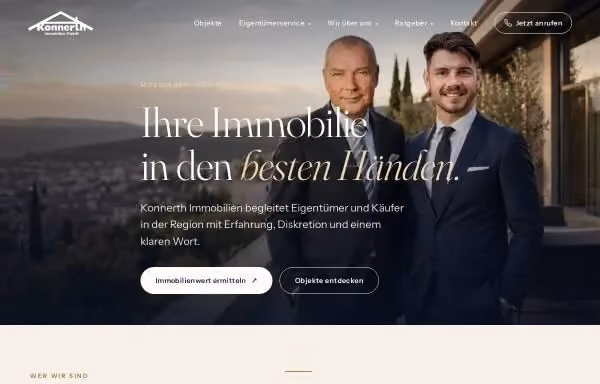 Konnerth Immobilien's German homepage with two agents pictured against a villa backdrop, the headline "Ihre Immobilie in den besten Händen," and buttons for a property valuation tool and listings.