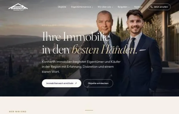 Konnerth Immobilien's German homepage with two agents pictured against a villa backdrop, the headline "Ihre Immobilie in den besten Händen," and buttons for a property valuation tool and listings.