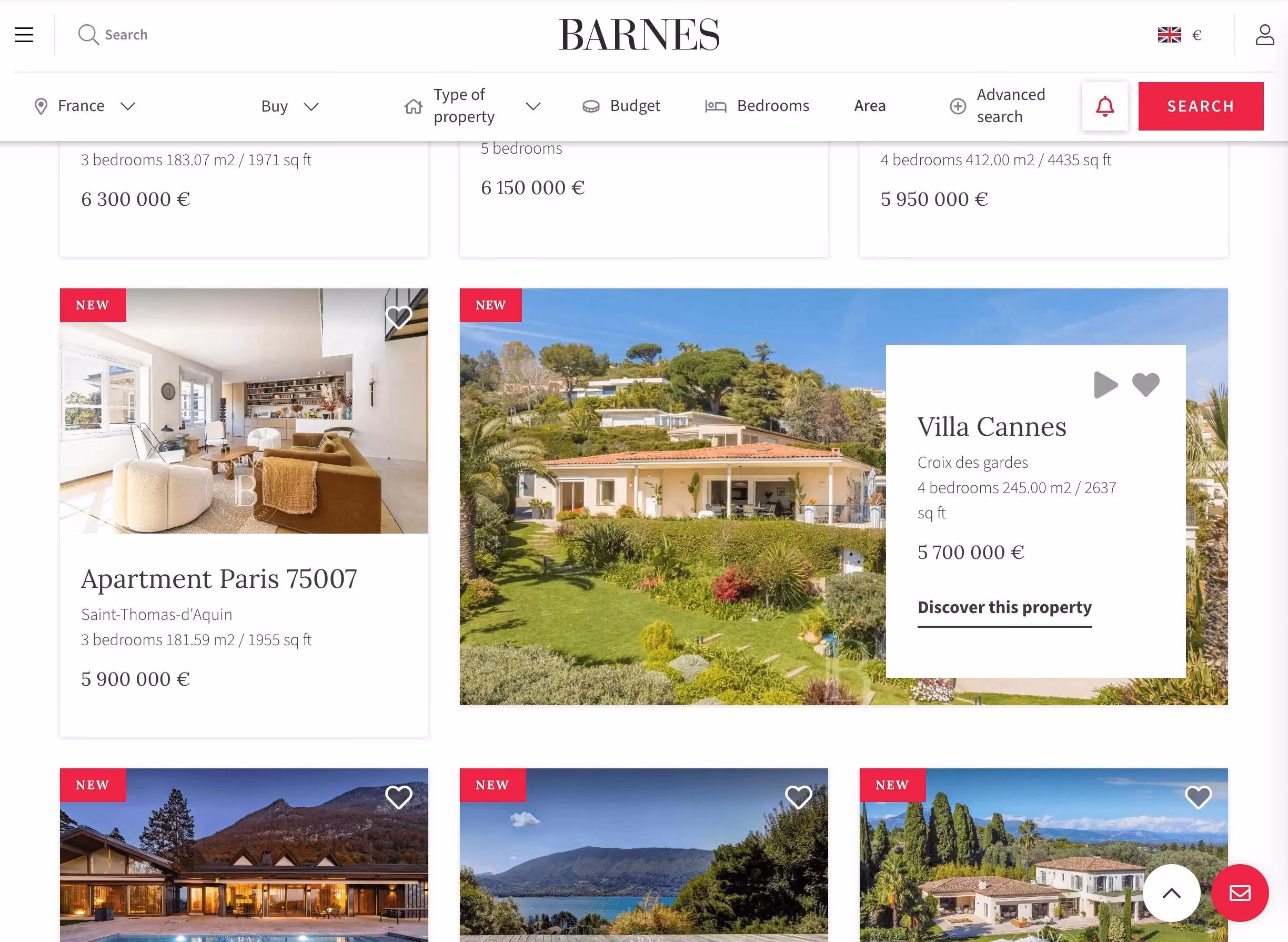 BARNES International Realty's French property listings page showing a search bar with location, budget, and bedroom filters, alongside listing cards for villas and apartments in Cannes and Paris with prices in euros.