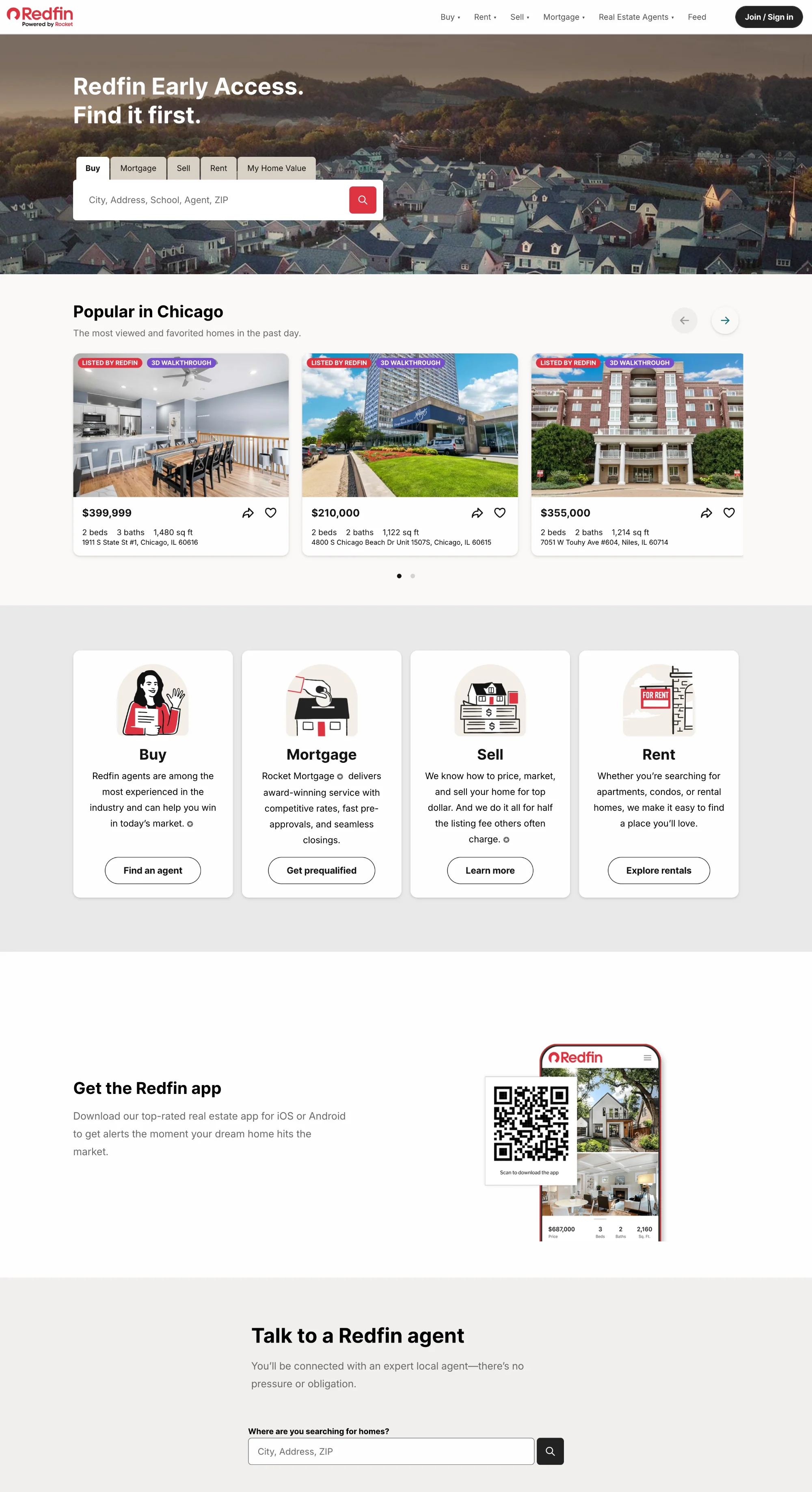 Redfin's homepage headlined "Redfin Early Access. Find it first," with a multi-tab search bar for buy, rent, sell, and mortgage, a "Popular in Chicago" listings carousel, and four service cards for buy, mortgage, sell, and rent.