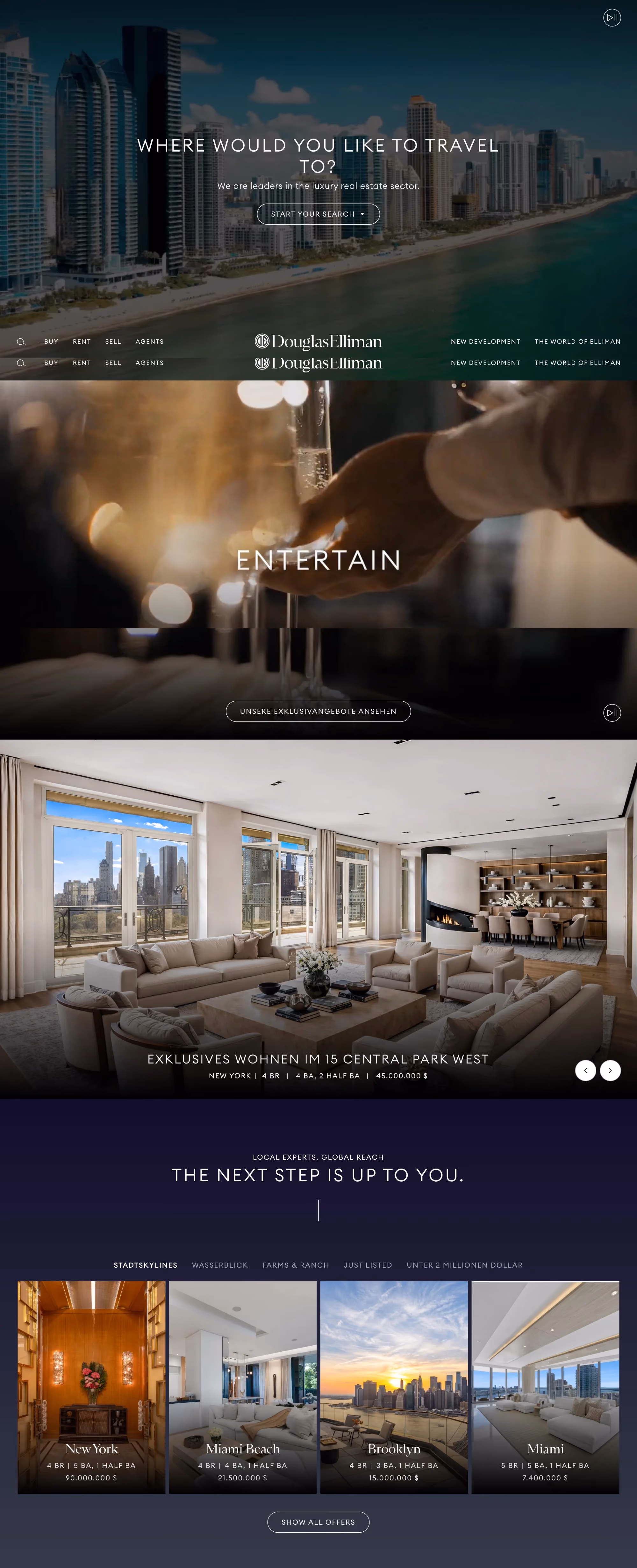 Douglas Elliman's German-language homepage with the headline "Where would you like to travel to?", a champagne-toast hero image labeled "Entertain," a featured Central Park West listing, and a grid of city-based property categories including New York, Miami Beach, and Brooklyn.