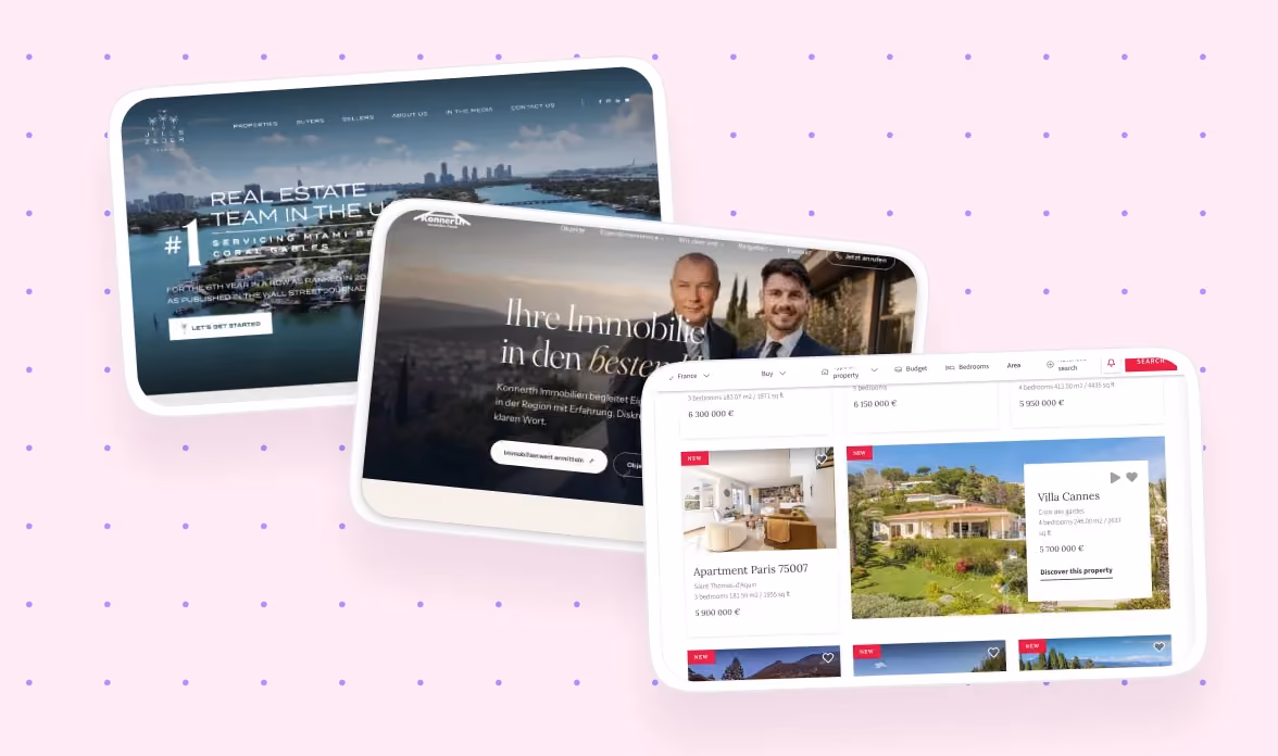 A pastel, dot-patterned graphic showing three tablet devices overlapping, displaying the Jills Zeder Group, Konnerth Immobilien, and BARNES websites.