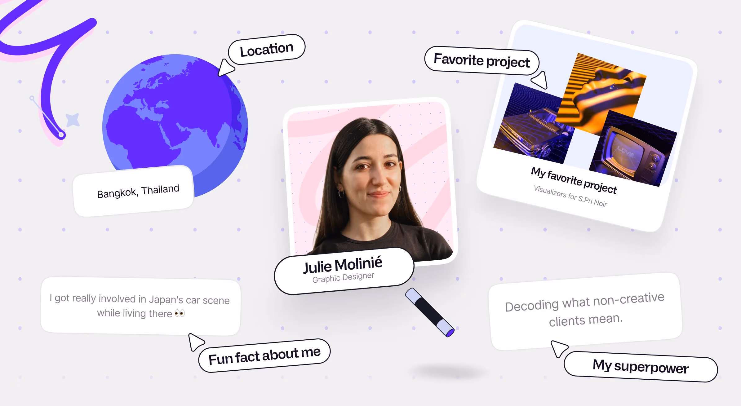 A montage on Julie including her location, favorite project, fun fact, and superpower