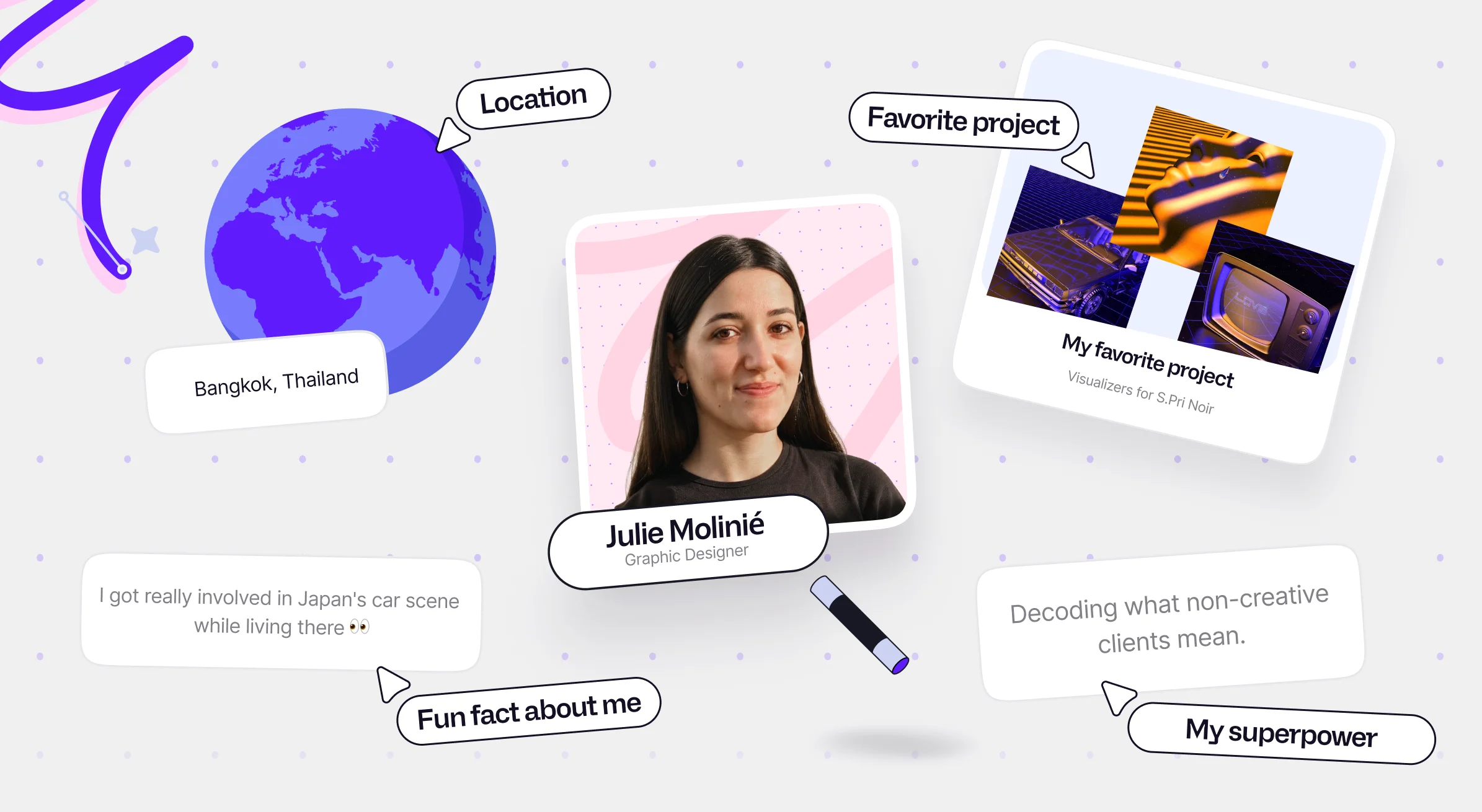 A montage on Julie including her location, favorite project, fun fact, and superpower