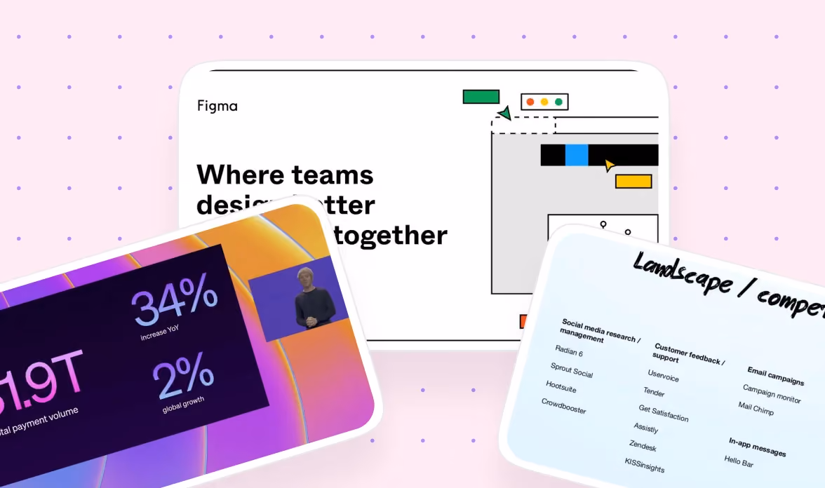 Three pitch deck slides side by side, each with an icon on the left and a short headline and bullet list on the right: 'Accessible' with a globe and paintbrush icon, 'Connected' with a network diagram, and 'Education' with a book icon.