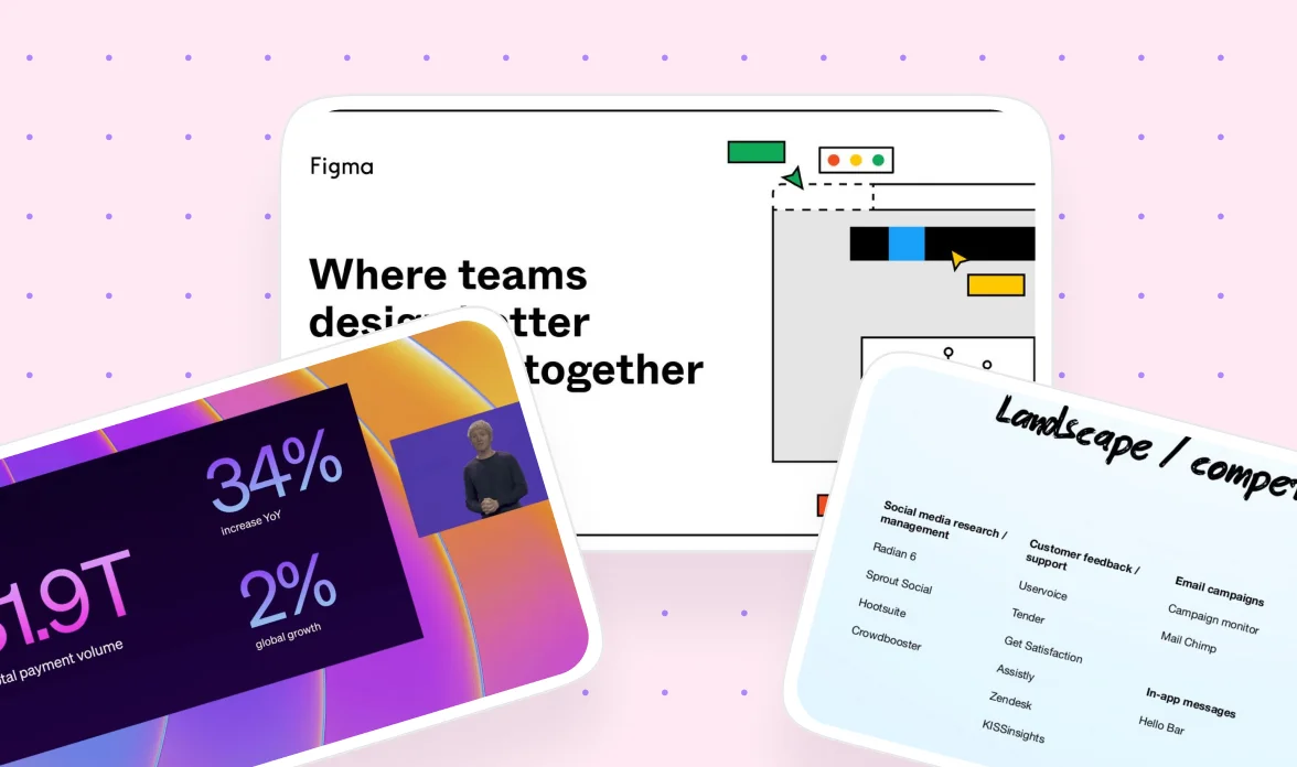 Three pitch deck slides side by side, each with an icon on the left and a short headline and bullet list on the right: 'Accessible' with a globe and paintbrush icon, 'Connected' with a network diagram, and 'Education' with a book icon.