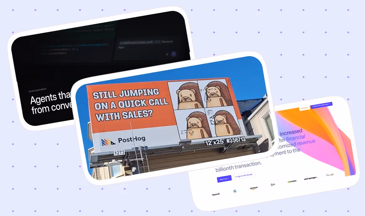 A collage of three overlapping screenshots on a light purple dotted background: Linear's dark AI-automation hero, PostHog's hedgehog billboard reading 'Still jumping on a quick call with sales?', and Stripe's rainbow-gradient homepage hero with its client logo row