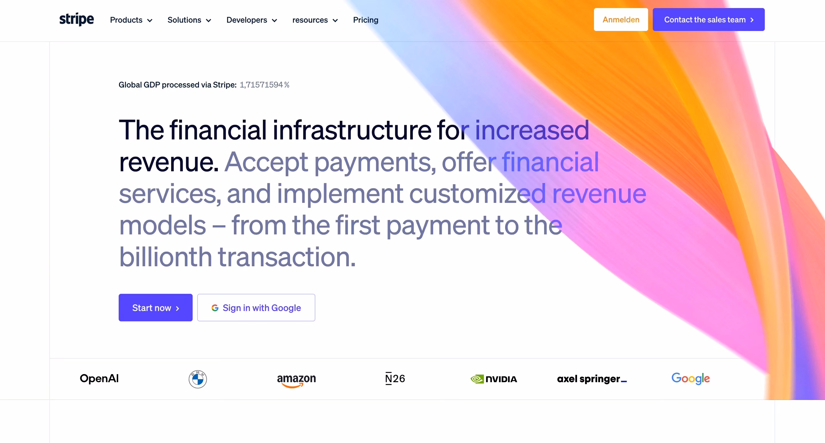 Stripe's homepage hero on a white background with a diagonal rainbow gradient graphic, headline 'The financial infrastructure for increased revenue,' a 'Start now' button and Google sign-in option, and a logo row showing OpenAI, BMW, Amazon, N26, Nvidia, Axel Springer, and Google