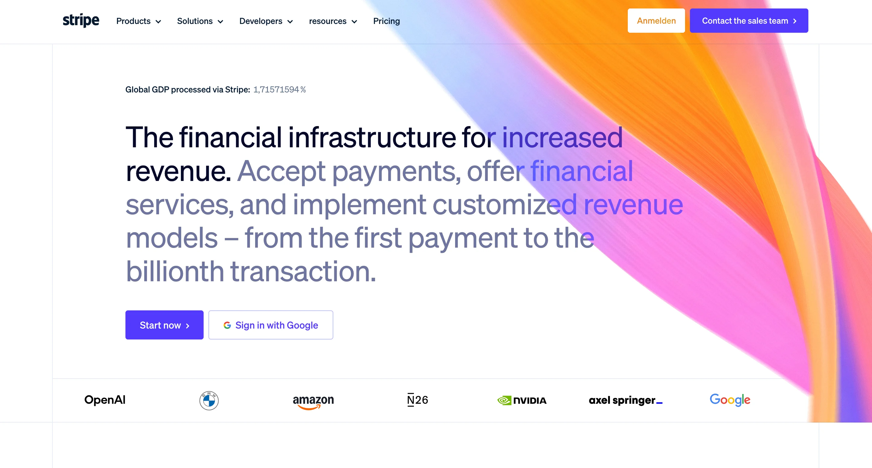 Stripe's homepage hero on a white background with a diagonal rainbow gradient graphic, headline 'The financial infrastructure for increased revenue,' a 'Start now' button and Google sign-in option, and a logo row showing OpenAI, BMW, Amazon, N26, Nvidia, Axel Springer, and Google