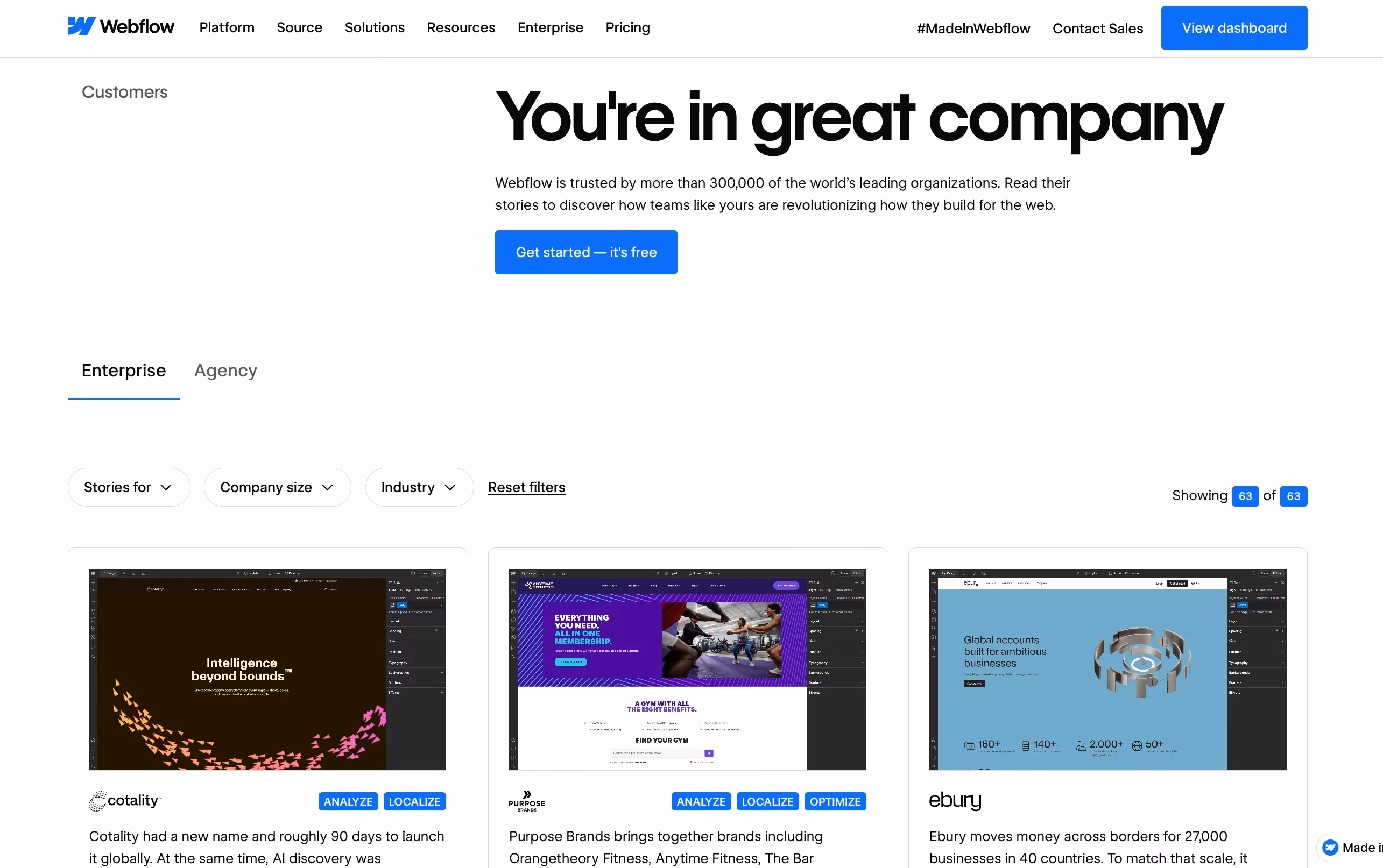 Webflow's customer stories page with the headline 'You're in great company,' a note that Webflow is trusted by more than 300,000 organizations, a 'Get started, it's free' button, and a row of three enterprise customer story thumbnails for Cotality, Purpose Brands, and Ebury