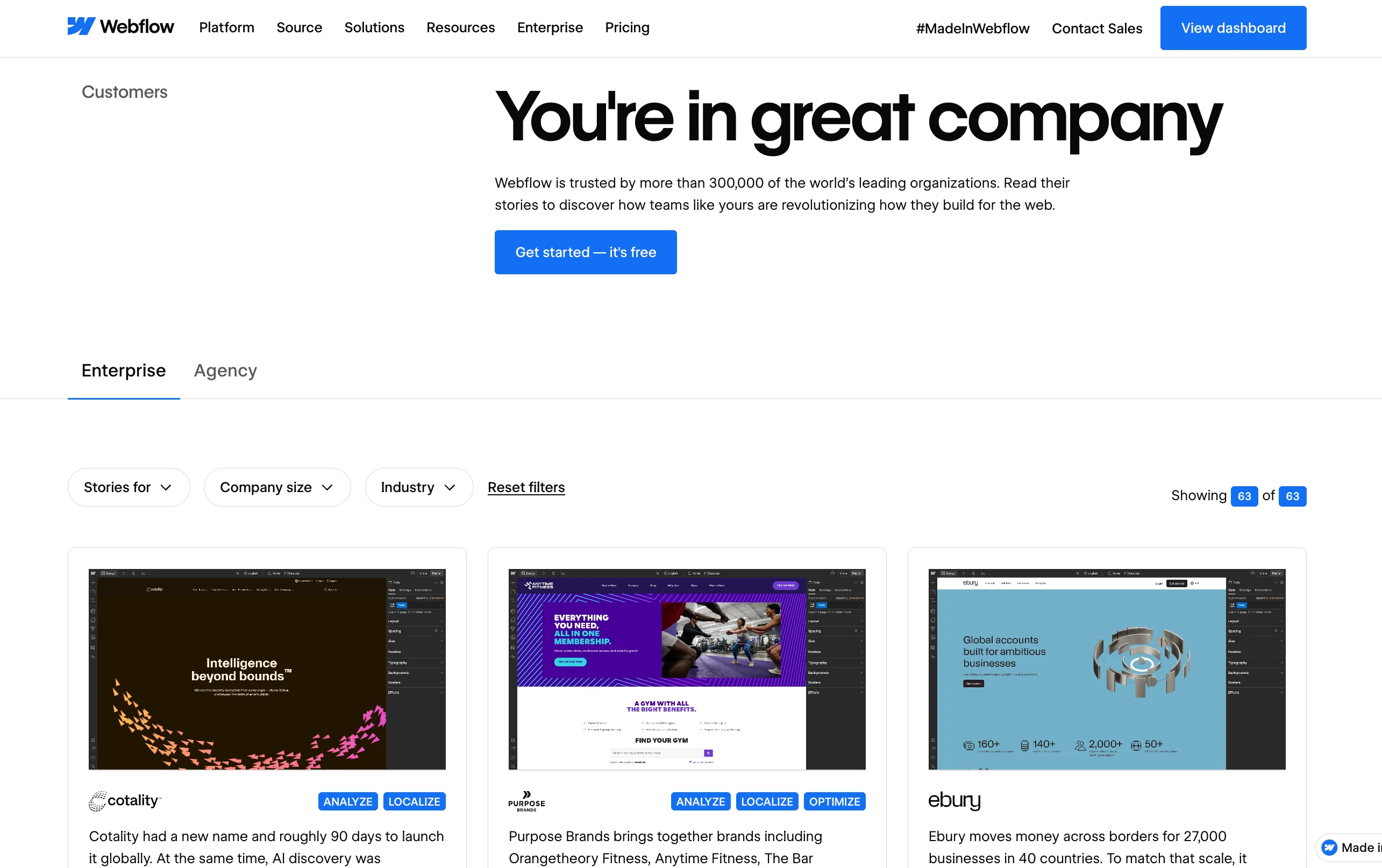 Webflow's customer stories page with the headline 'You're in great company,' a note that Webflow is trusted by more than 300,000 organizations, a 'Get started, it's free' button, and a row of three enterprise customer story thumbnails for Cotality, Purpose Brands, and Ebury