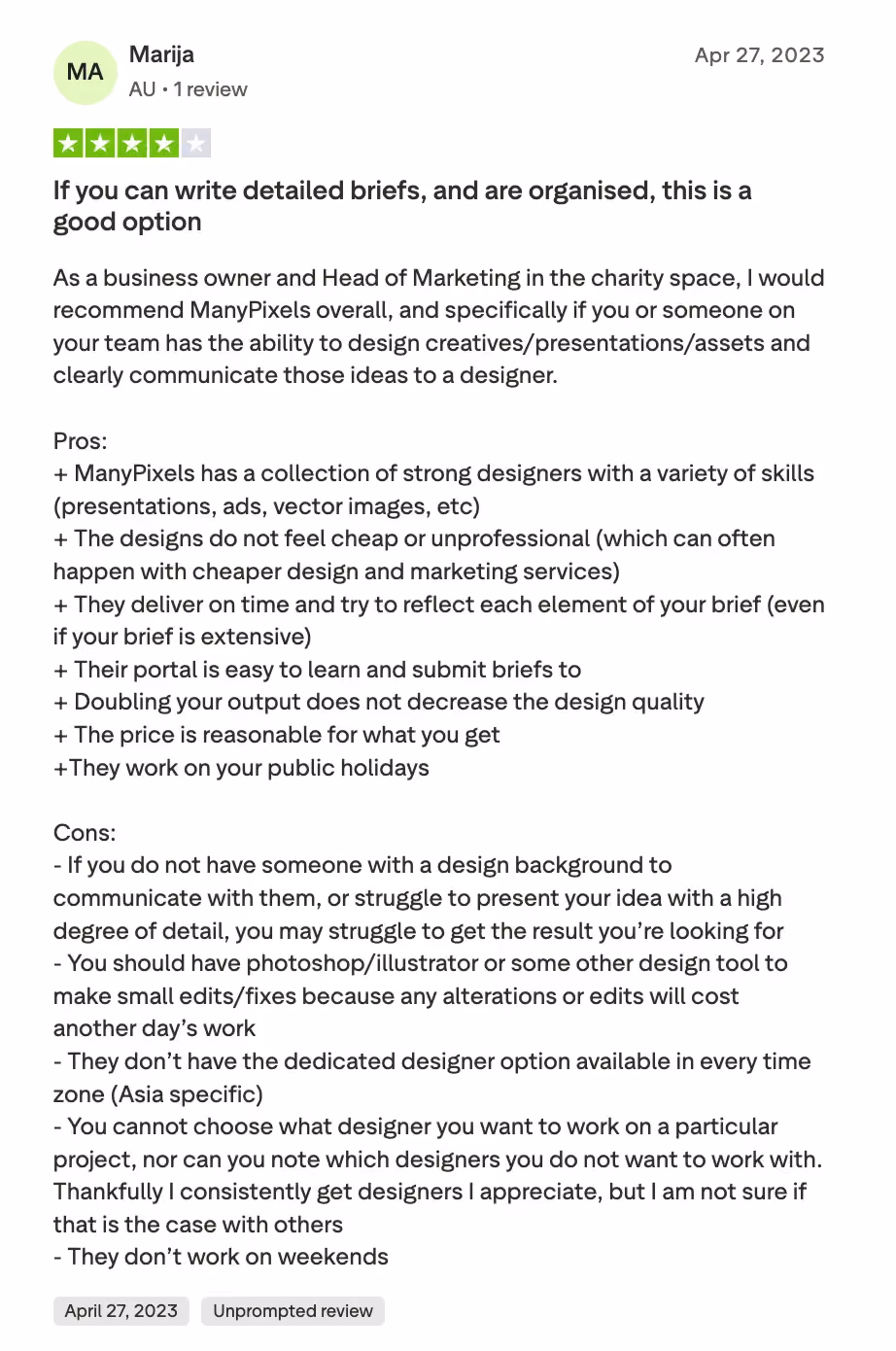 Trustpilot review by Marija, 4 out of 5 stars, dated April 27, 2023. The reviewer recommends ManyPixels for teams that can write detailed briefs, praising designer variety, on-time delivery, and reasonable pricing. Cons include needing a design background to communicate effectively and limited dedicated designer availability by time zone.