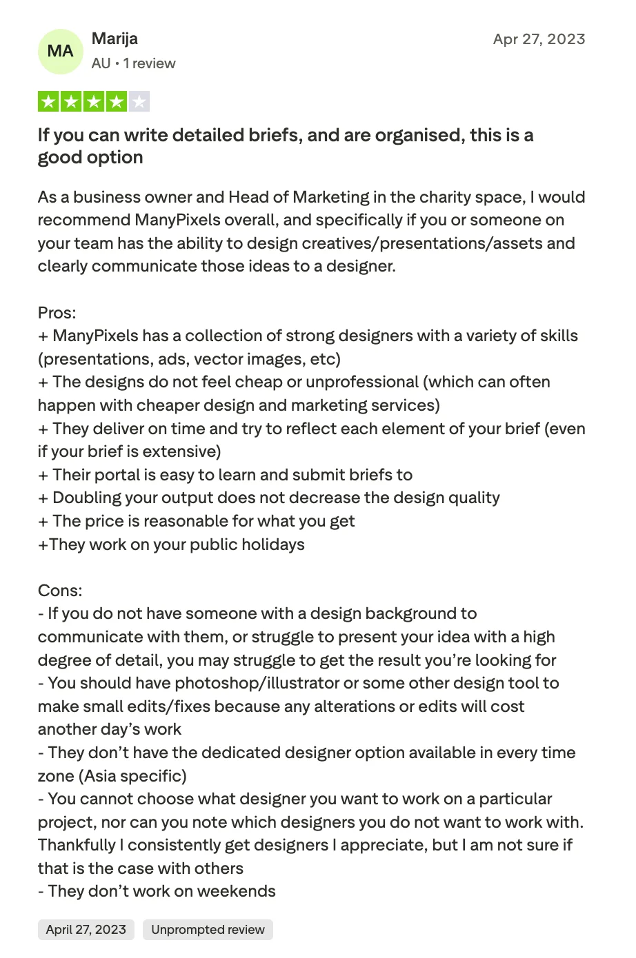 Trustpilot review by Marija, 4 out of 5 stars, dated April 27, 2023. The reviewer recommends ManyPixels for teams that can write detailed briefs, praising designer variety, on-time delivery, and reasonable pricing. Cons include needing a design background to communicate effectively and limited dedicated designer availability by time zone.