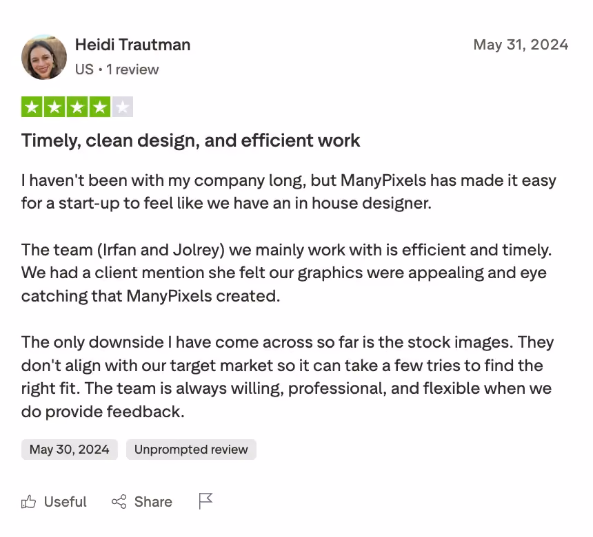 Trustpilot review by Heidi Trautman, 4 out of 5 stars, dated May 31, 2024. The reviewer describes ManyPixels as timely, clean, and efficient, noting it made their startup feel like they have an in-house designer. The only downside mentioned is stock images not always aligning with their target market.