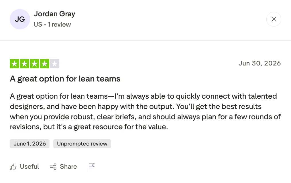 Trustpilot review by Jordan Gray, 4 out of 5 stars, dated June 30, 2026. The reviewer calls ManyPixels a great option for lean teams, highlighting quick access to talented designers and good output value, while noting that clear briefs and planning for revision rounds lead to the best results.