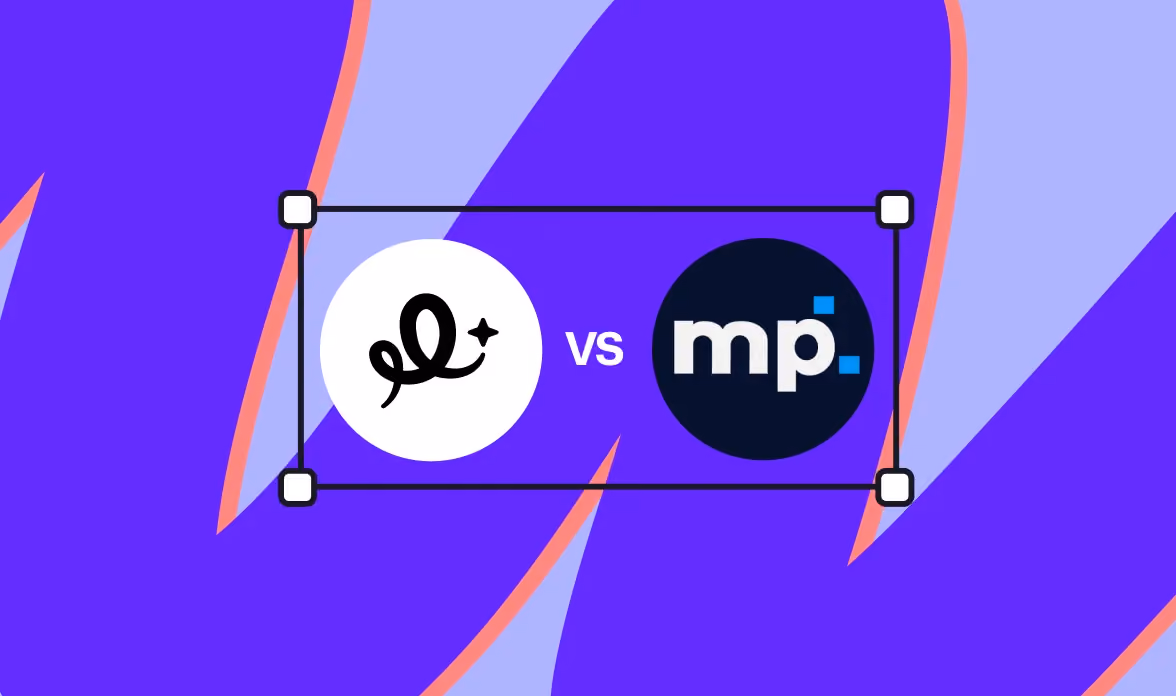 magier logo in white circle and ManyPixels logo in dark circle with "vs" between them, set against a purple background with orange accents, representing a comparison between the two design subscription services.