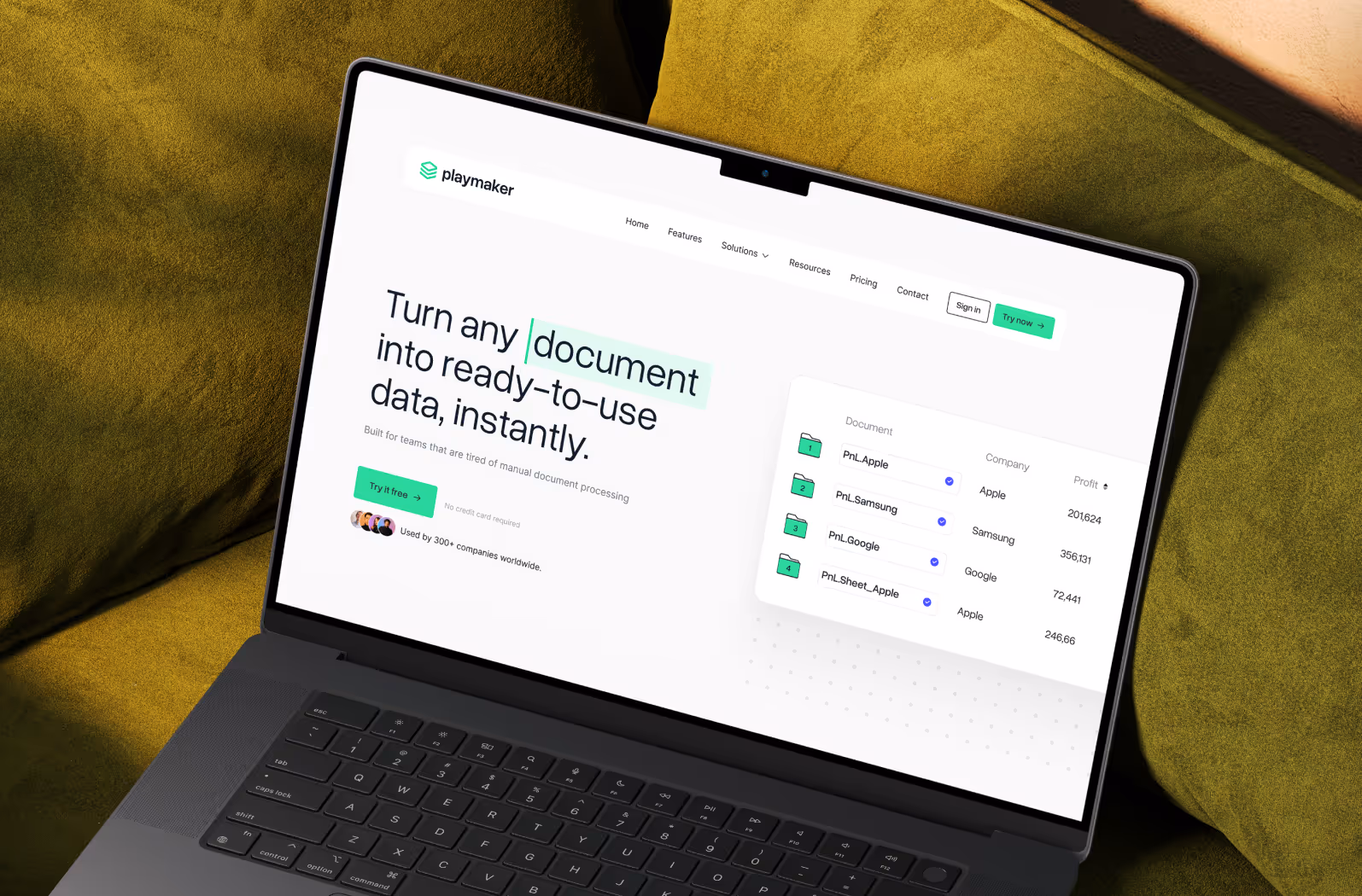 Playmaker website and UI design mockups created by magier, showing desktop and mobile layouts for the B2B SaaS document automation platform, including web design, Webflow development, motion design, and branding elements.