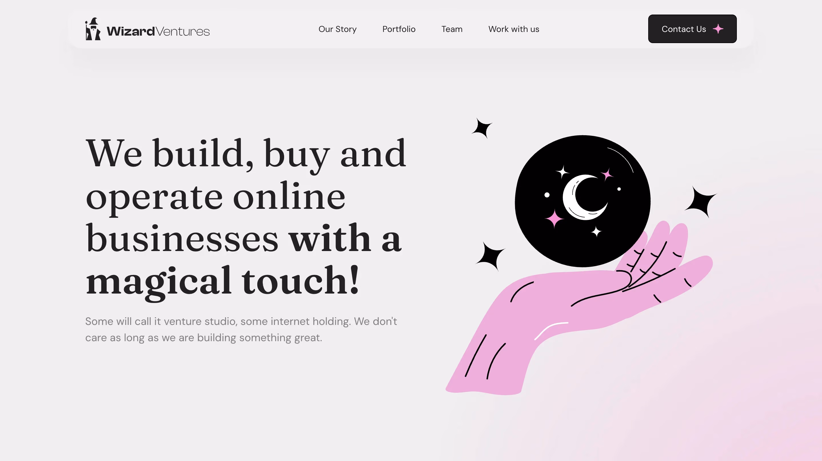 Wizard Ventures homepage, a venture studio example referenced in this startup accelerator vs incubator guide