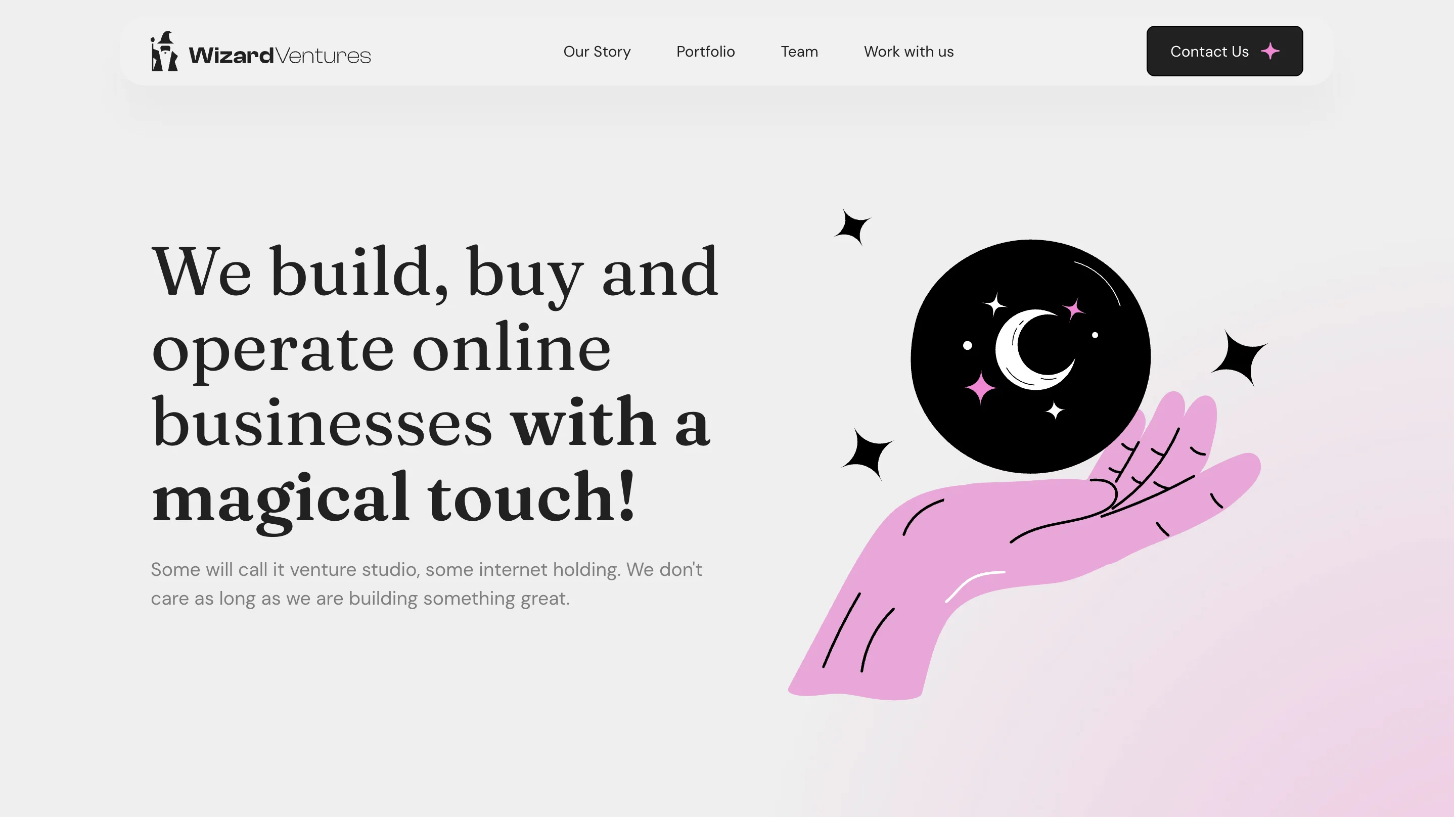 Wizard Ventures homepage, a venture studio example referenced in this startup accelerator vs incubator guide