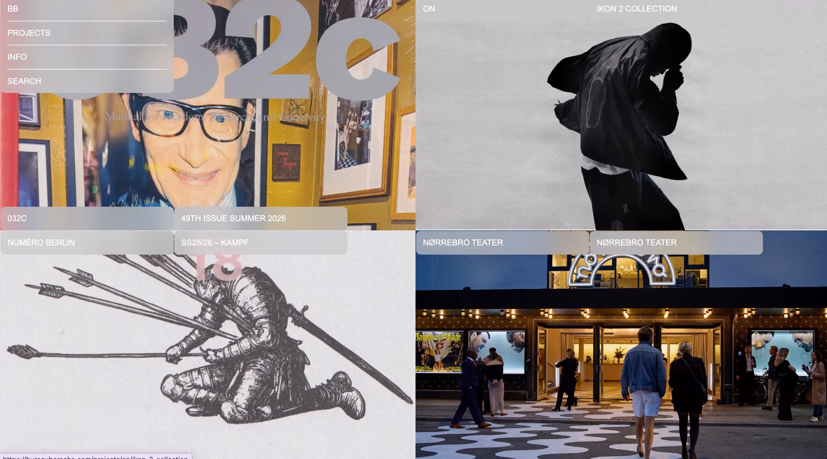 Bureau Borsche portfolio grid showing 032C magazine and Nørrebro Teater projects, an independent German print design agency known for experimental editorial work
