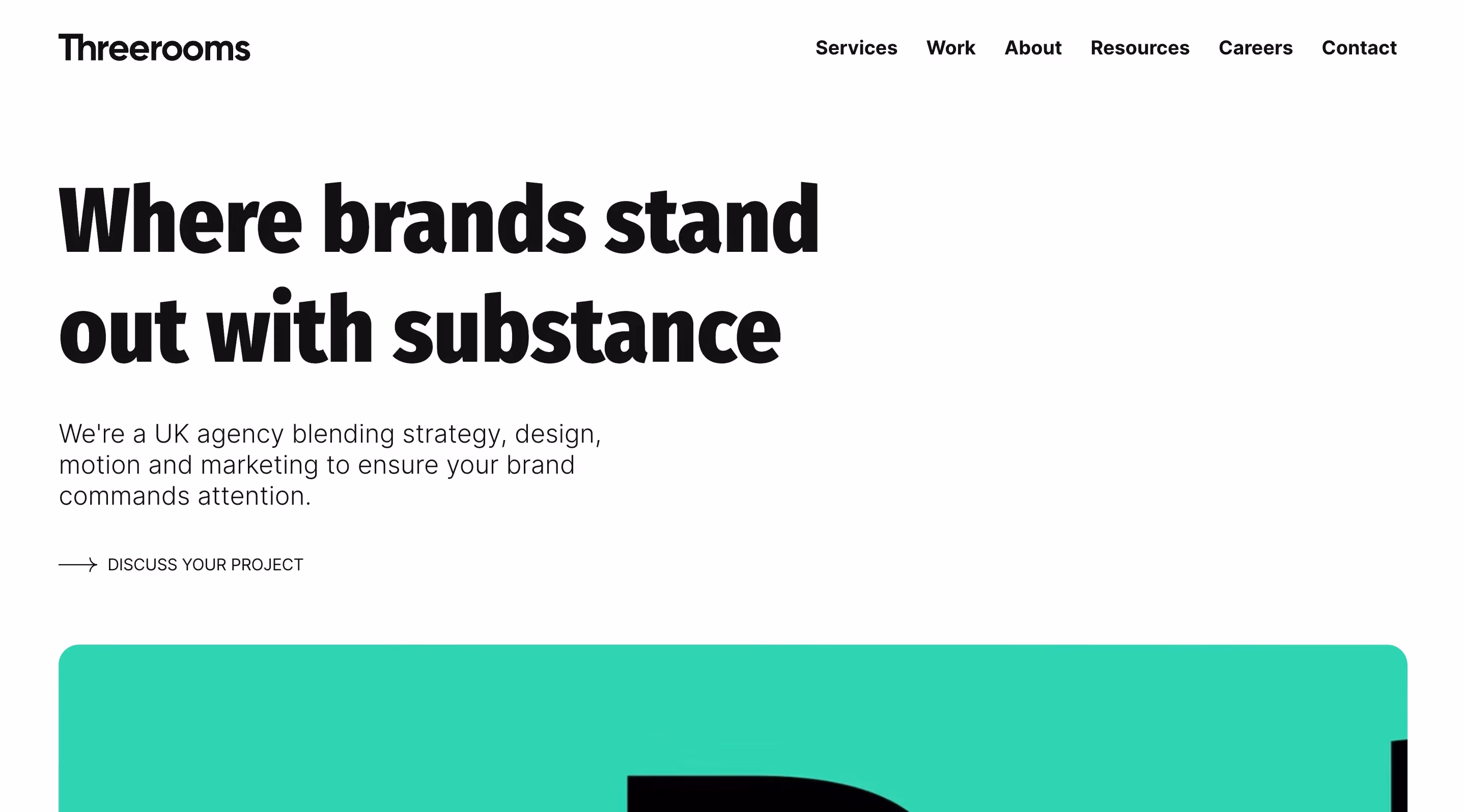 Threerooms homepage with the tagline "Where brands stand out with substance," a UK print design agency working across brand systems and print