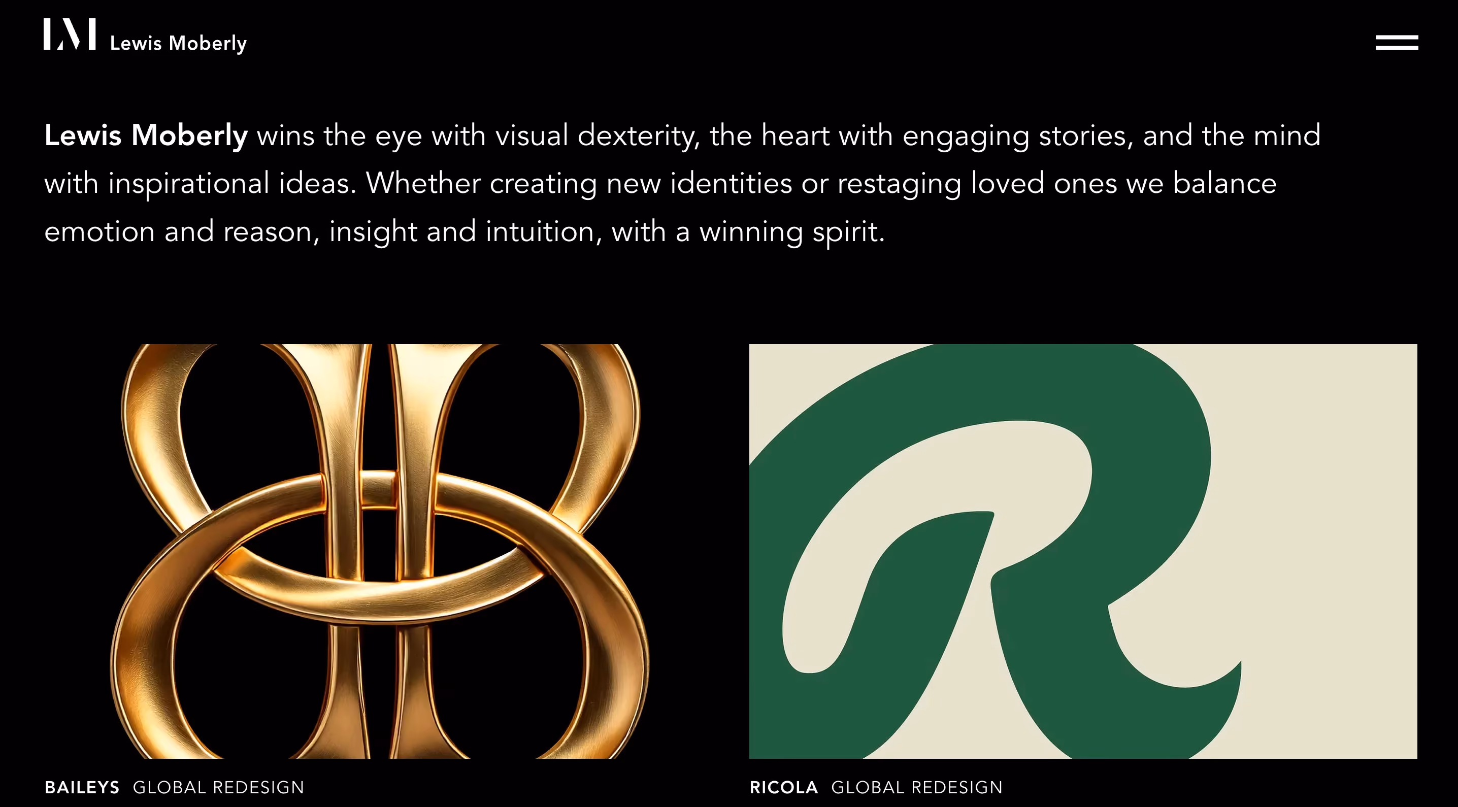Lewis Moberly homepage showing Baileys and Ricola packaging redesigns, a print design agency with decades of category branding experience