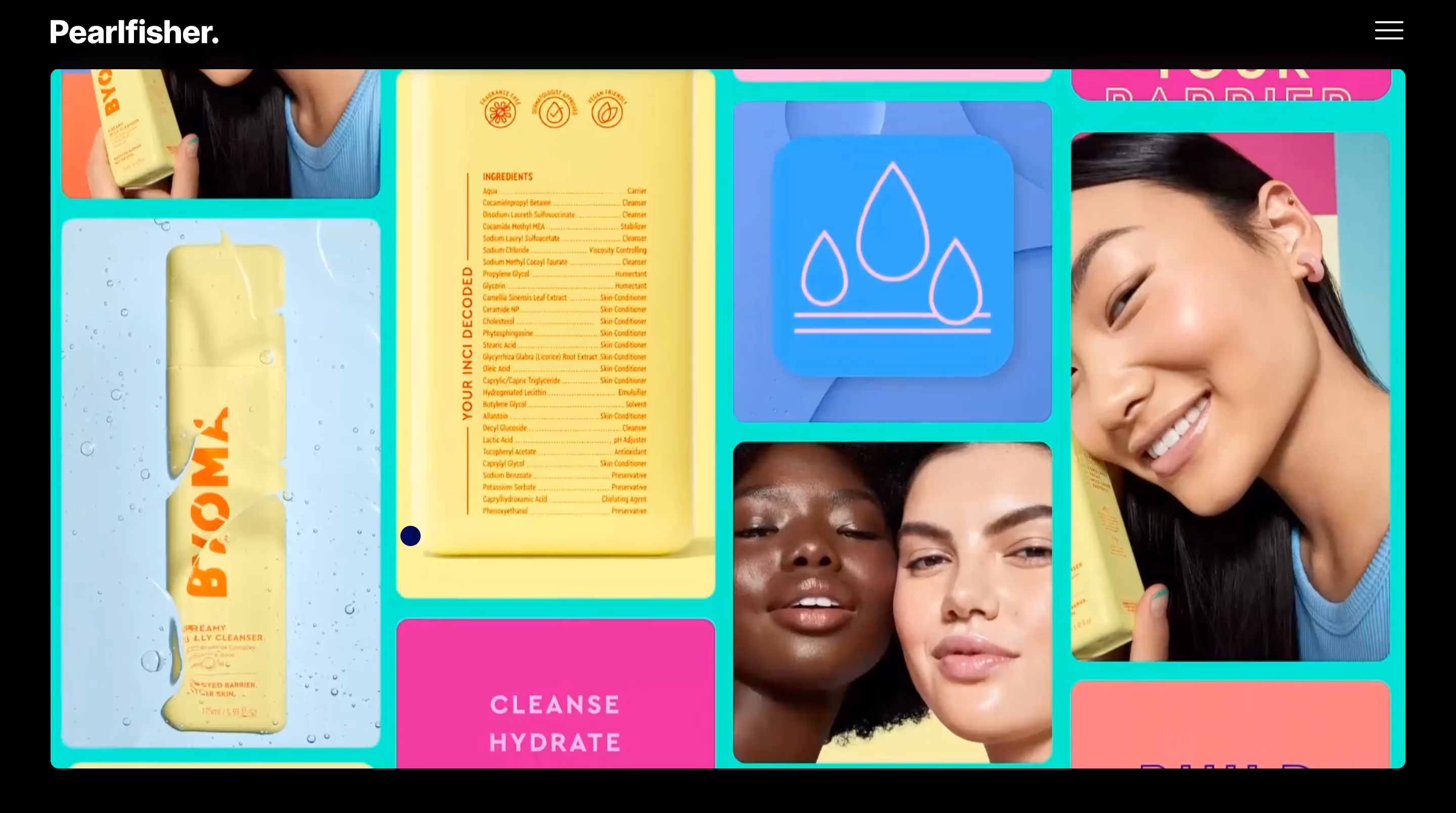 Pearlfisher portfolio grid featuring Byoma skincare packaging design, a print design agency combining brand strategy with packaging