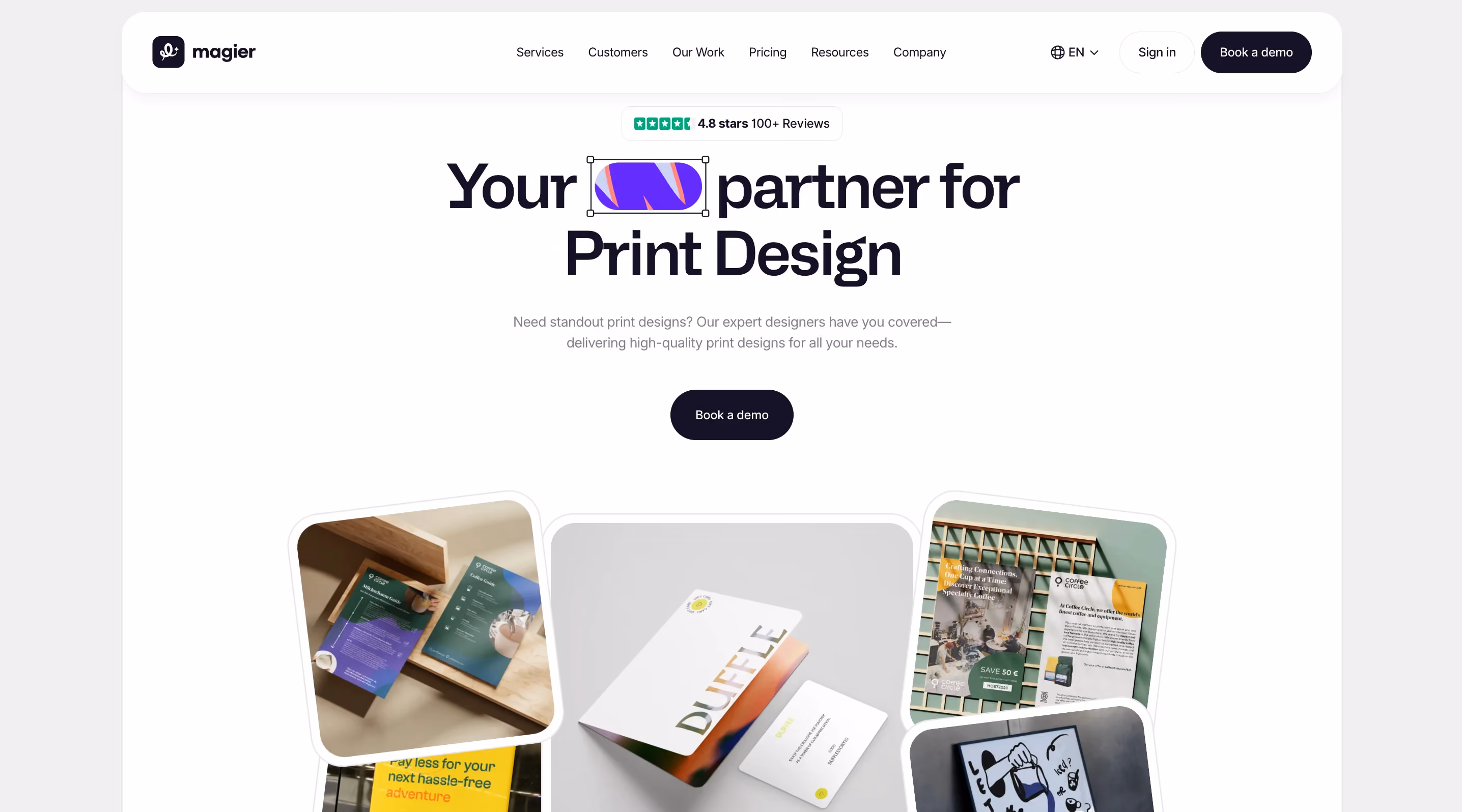 magier homepage with the headline "Your print design partner," showing brochure and packaging mockups for Coffee Circle and Duffle