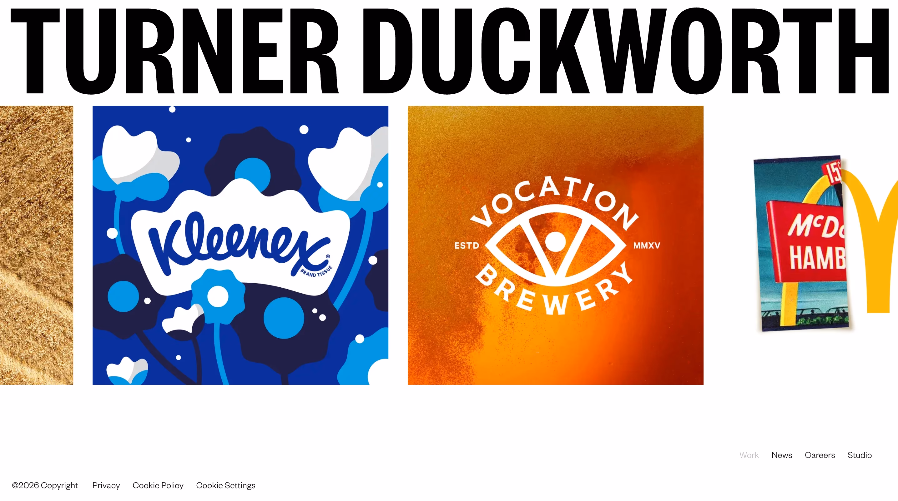 Turner Duckworth homepage showing Kleenex, Vocation Brewery, and McDonald's packaging work, a print design agency featured in this list