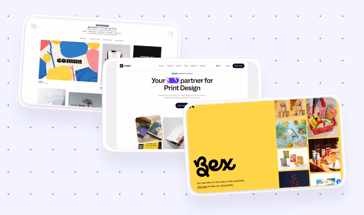 Collage of website previews from Anagrama, magier, and Bex Brands, representing three of the best print design agencies covered in this guide