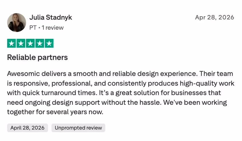 Trustpilot review by Julia Stadnyk, 5 out of 5 stars, dated April 28, 2026. The reviewer calls Awesomic reliable partners, praising their responsive and professional team, consistent high-quality work, quick turnaround, and notes they have been working together for several years.