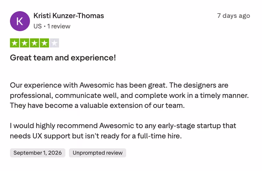 Trustpilot review by Kristi Kunzer-Thomas, 4 out of 5 stars, dated September 2026. The reviewer describes a great experience with Awesomic, highlighting professional designers who communicate well and complete work on time, and recommends the service to early-stage startups needing UX support without a full-time hire.