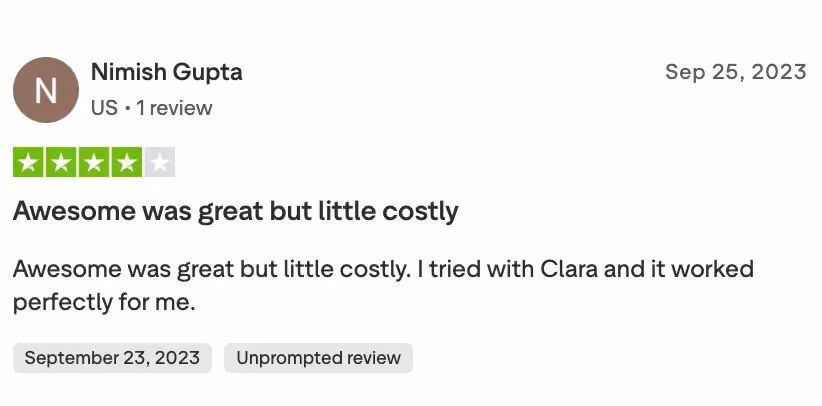 Trustpilot review by Nimish Gupta, 4 out of 5 stars, dated September 25, 2023. The reviewer describes Awesomic as great but notes it was a little costly, mentioning they also tried a designer named Clara who worked well for them.