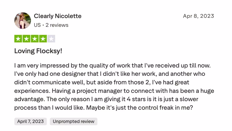 Trustpilot review by Clearly Nicolette, 4 out of 5 stars, dated April 8, 2023. The reviewer praises the quality of Flocksy's work and the advantage of having a project manager, noting the only reason for 4 stars is the process being slower than expected.