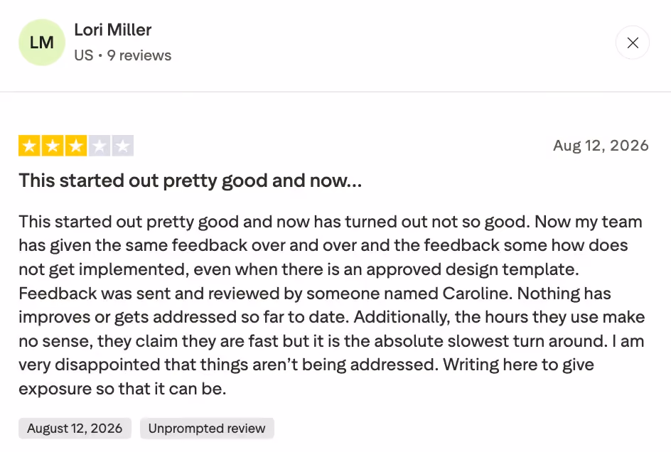 Trustpilot review by Lori Miller, 3 out of 5 stars, dated August 12, 2026. The reviewer describes an experience that started well but declined, citing repeated feedback not being implemented, concerns about how hours are tracked, and slow turnaround despite claims of speed.