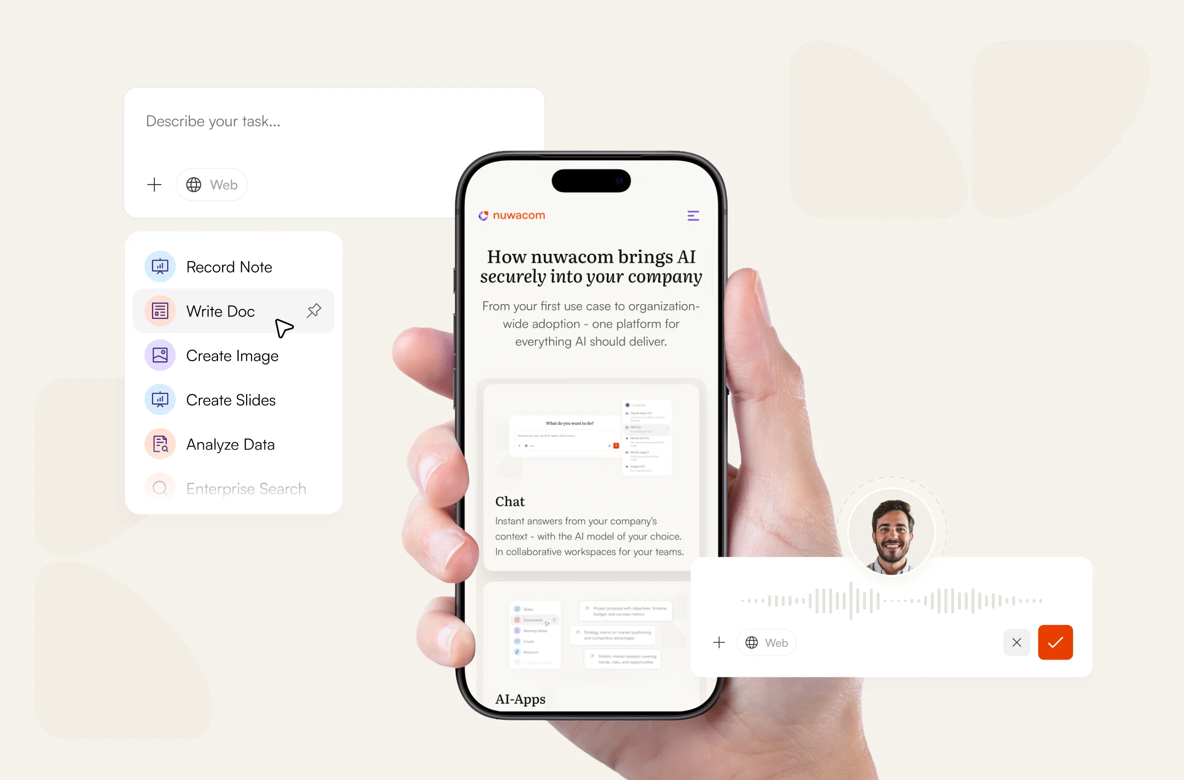 Nuwacom mobile interface with task input, quick actions menu, and a phone mockup showing the AI workspace homepage, alongside a voice recording UI.