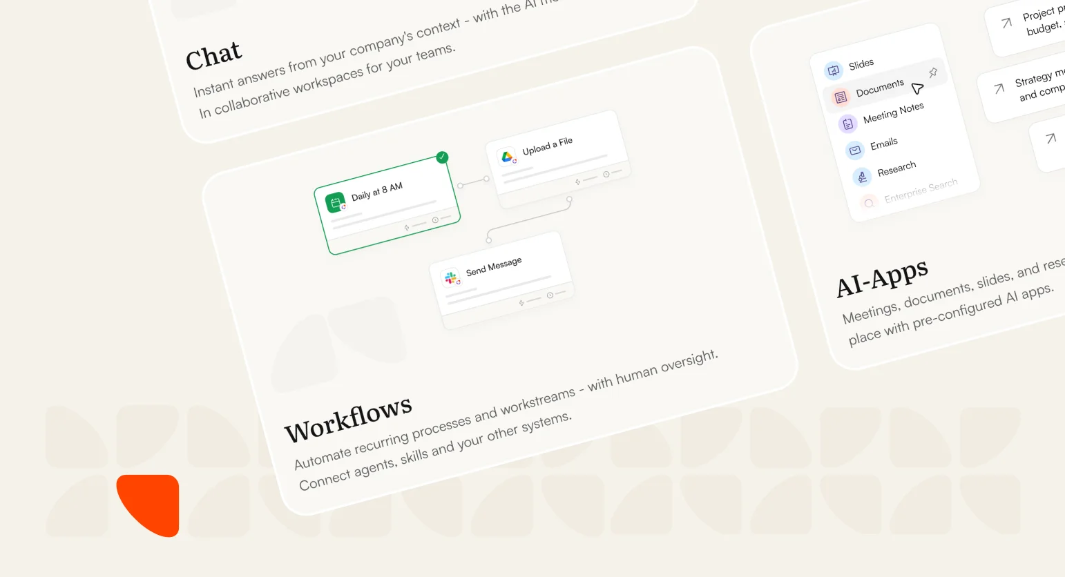 Nuwacom platform interface cards showing Chat, Workflows, and AI-Apps features on a cream background with orange geometric accents.