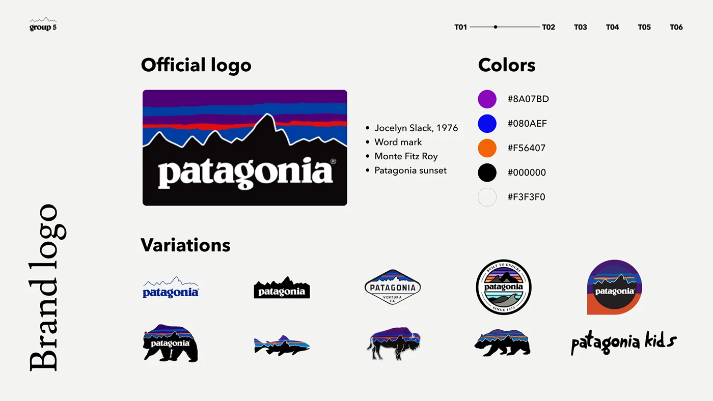 A brand logo reference page for Patagonia showing its official logo, color palette with hex codes, and logo variations including badge, animal, and kids' sub-brand versions.