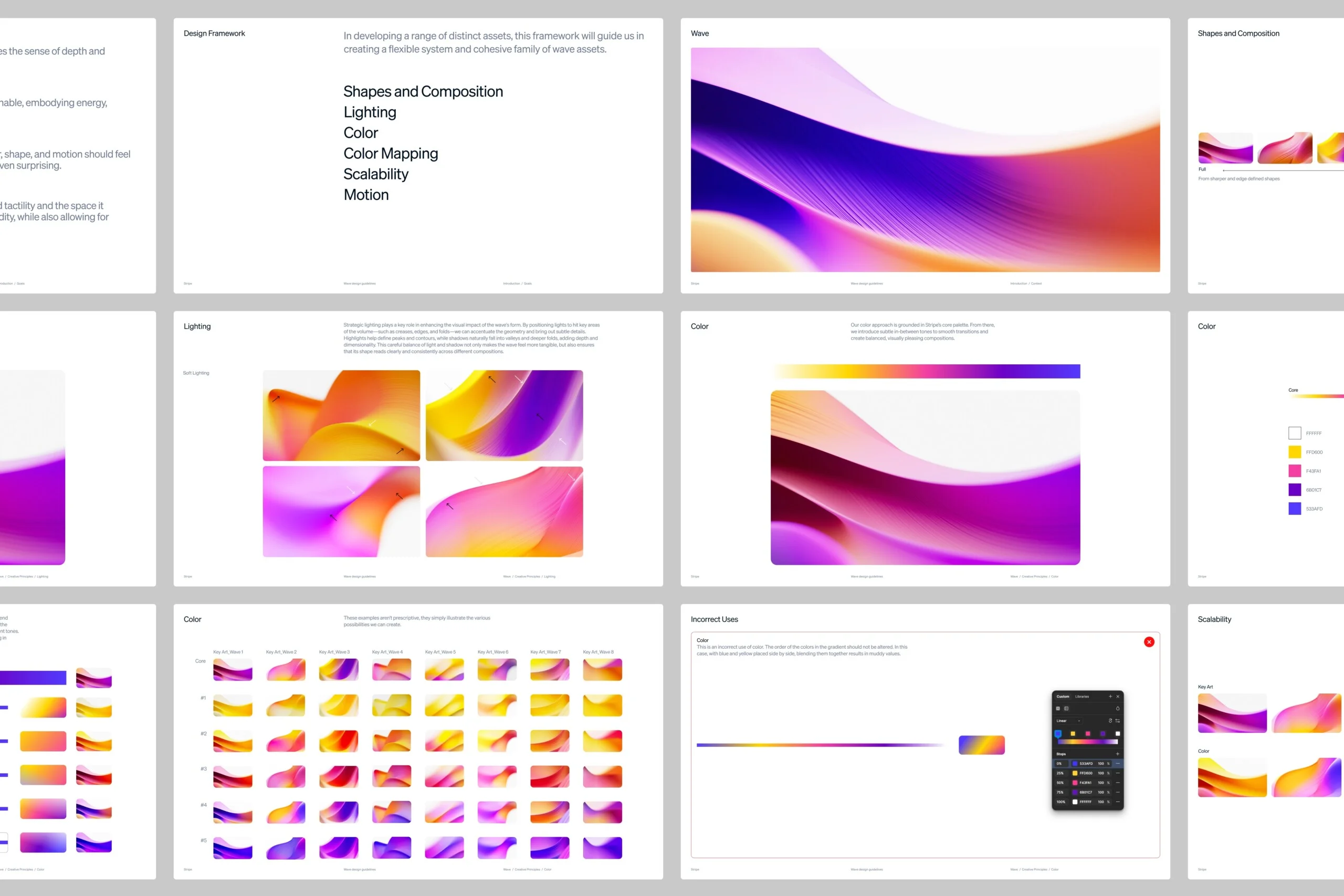A page from Stripe's "Wave" design guidelines, showing rules for color, lighting, and composition alongside a large purple-to-orange abstract wave illustration.