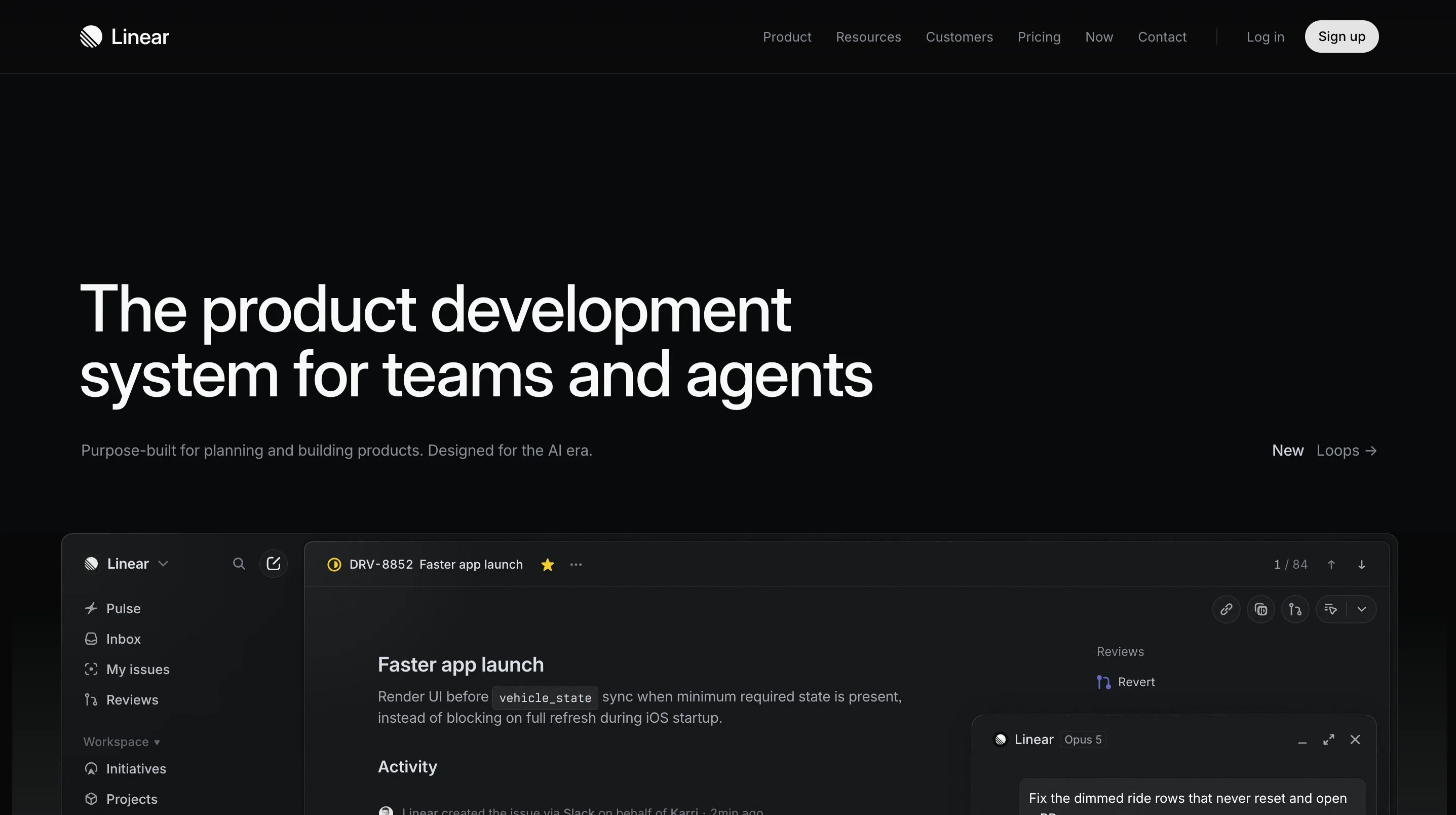 Linear's homepage in dark mode, showing the headline "The product development system for teams and agents" above a screenshot of the app interface with an issue list and a task detail panel.