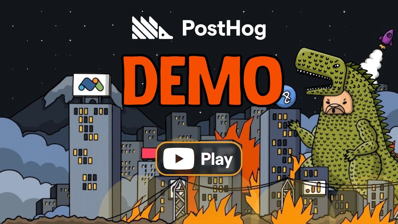 A promotional graphic for a PostHog demo video, showing a cartoon dinosaur wearing a rocket pack destroying a city skyline, with the PostHog logo and a "DEMO" play button.