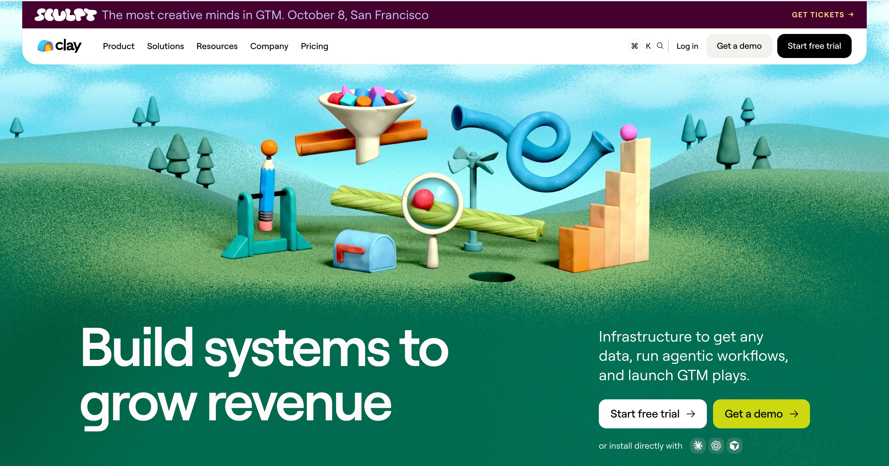 Clay's homepage hero section, showing pastel claymation-style 3D illustrations of a funnel, magnifying glass, mailbox, and staircase on a green gradient background, above the headline "Build systems to grow revenue."