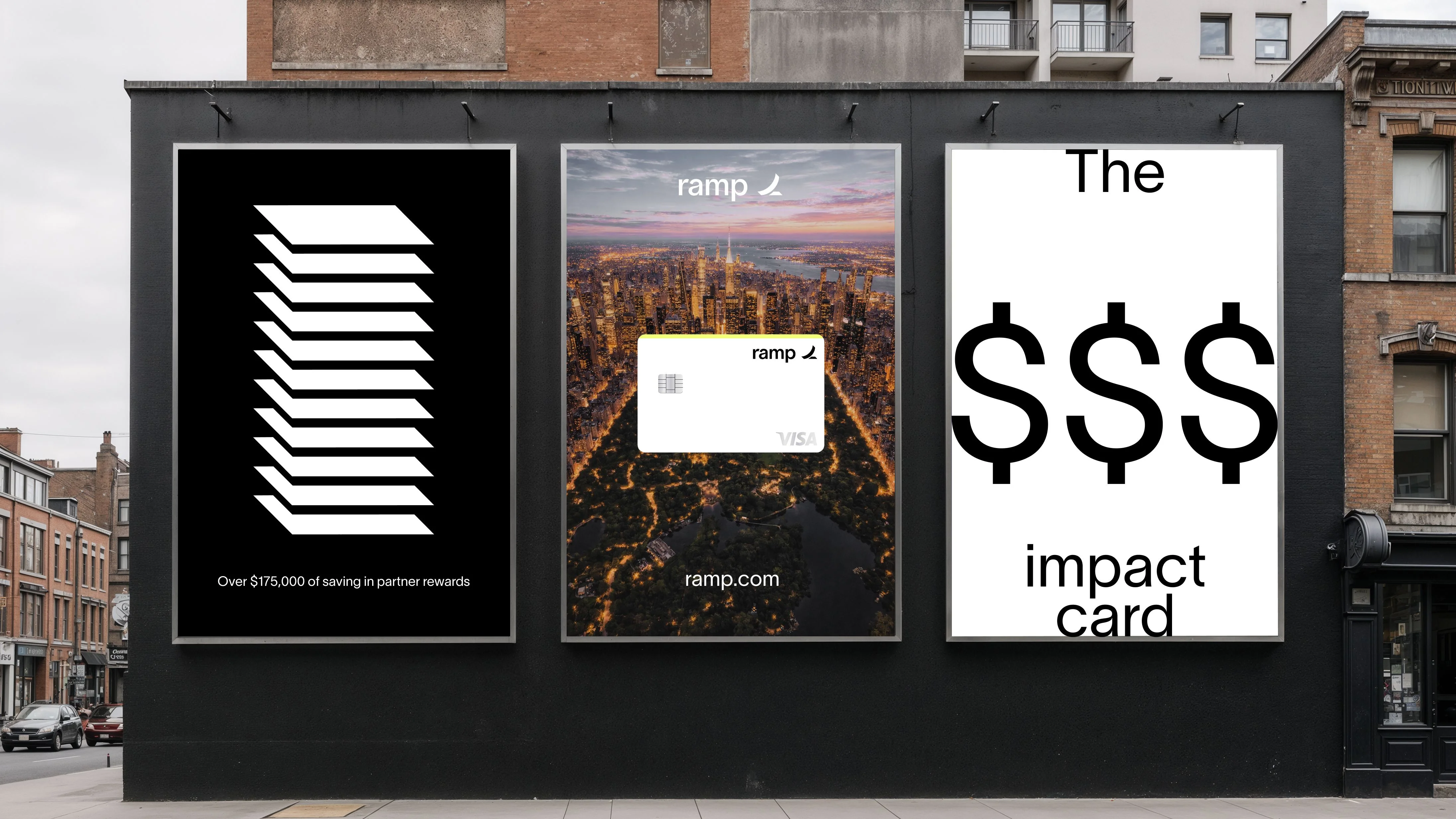 Three outdoor billboards for Ramp on a building wall, reading "Over $175,000 of savings in partner rewards," showing the Ramp card over a nighttime city skyline, and reading "The $$$ impact card."