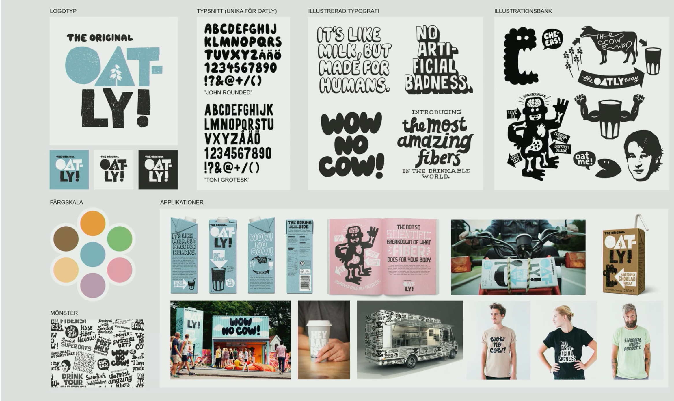 A brand guidelines sheet for Oatly showing its hand-lettered logotype, custom typefaces, illustrated typography, character illustrations, color palette, and packaging and merchandise applications.