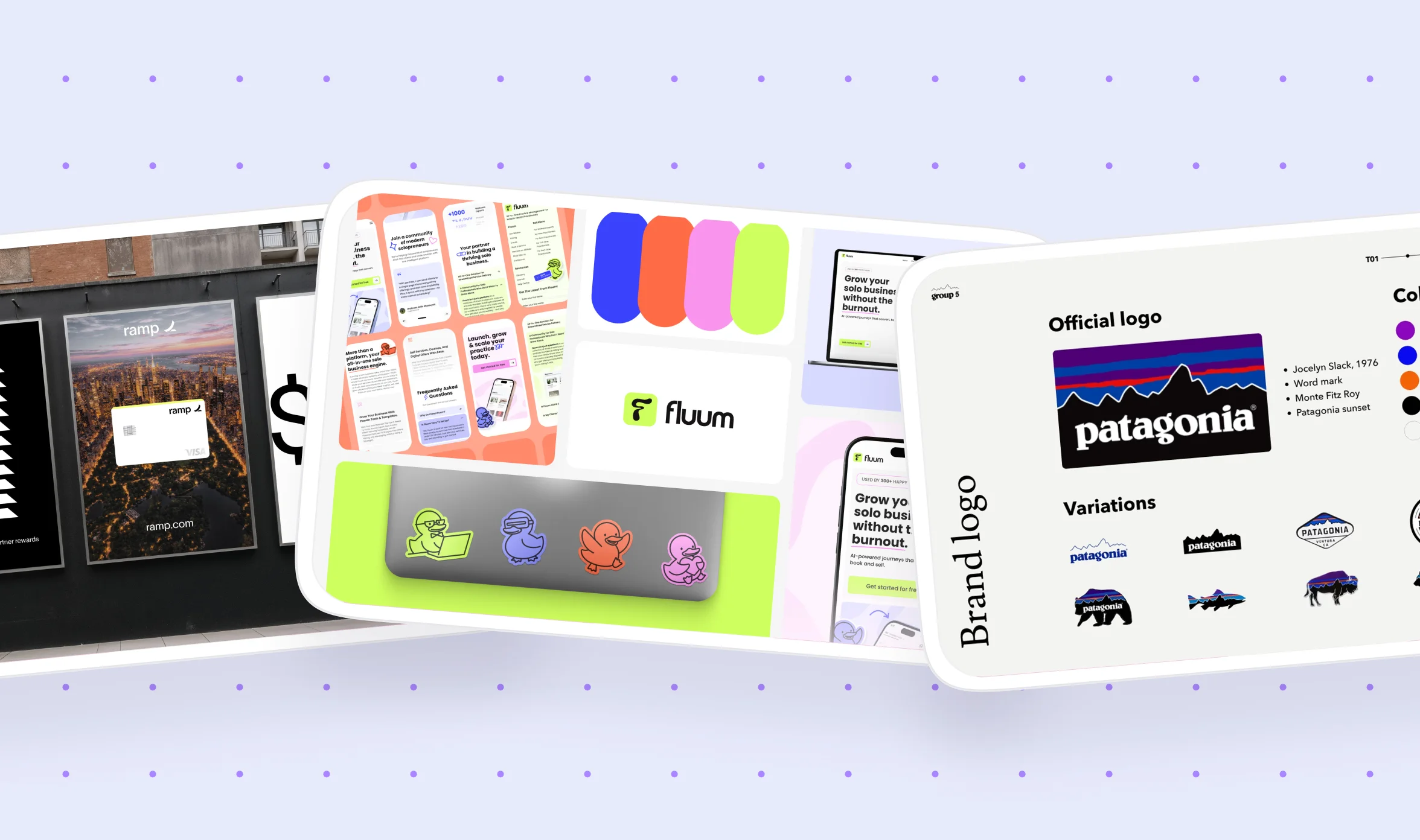 A collage of three brand identity examples: a Ramp billboard on a city street, a set of Fluum app screens and duck mascot illustrations, and a page from Patagonia's brand guidelines showing its logo and variations.